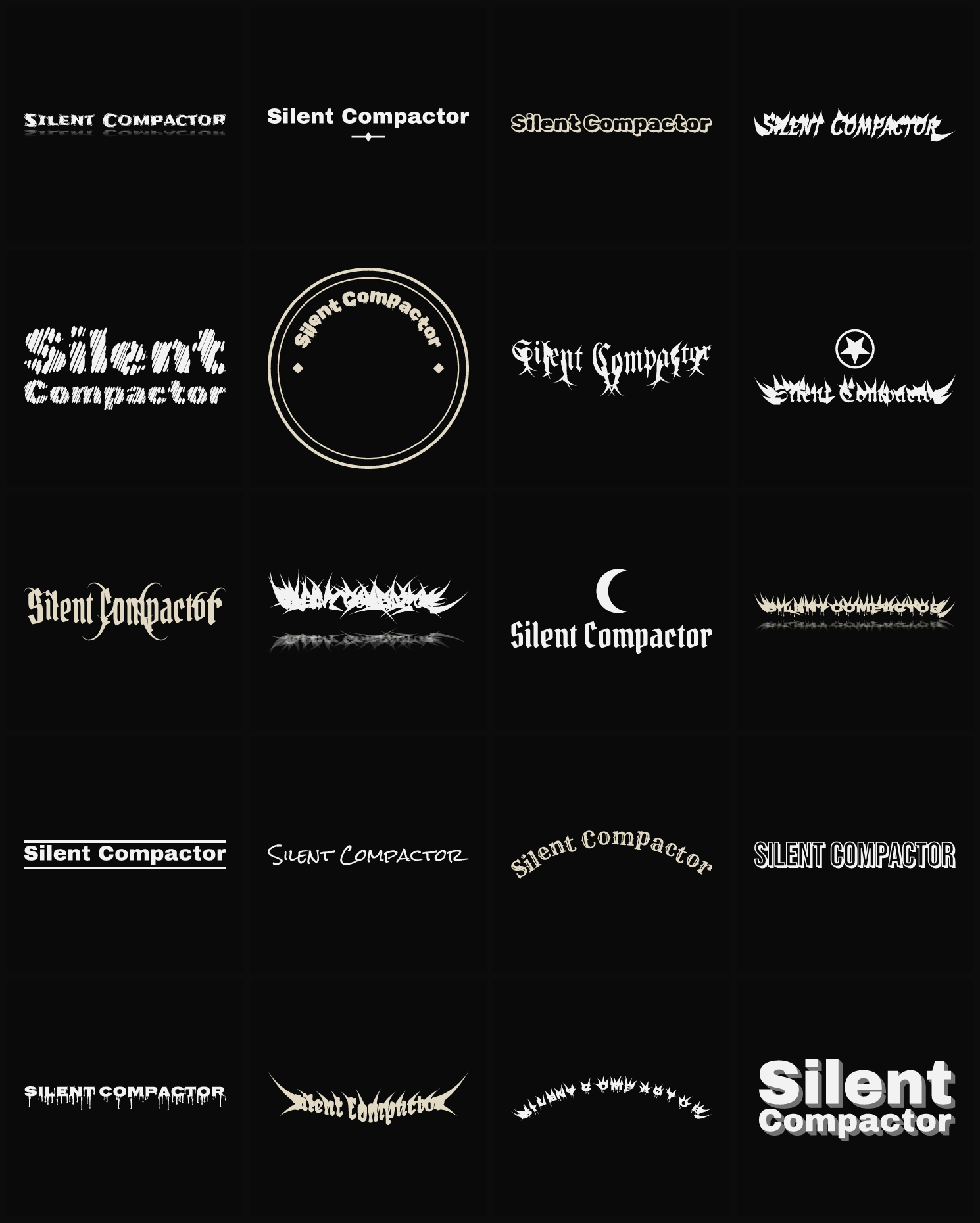 Twenty Silent Compactor band logo ideas — different faces, treatments and spike settings