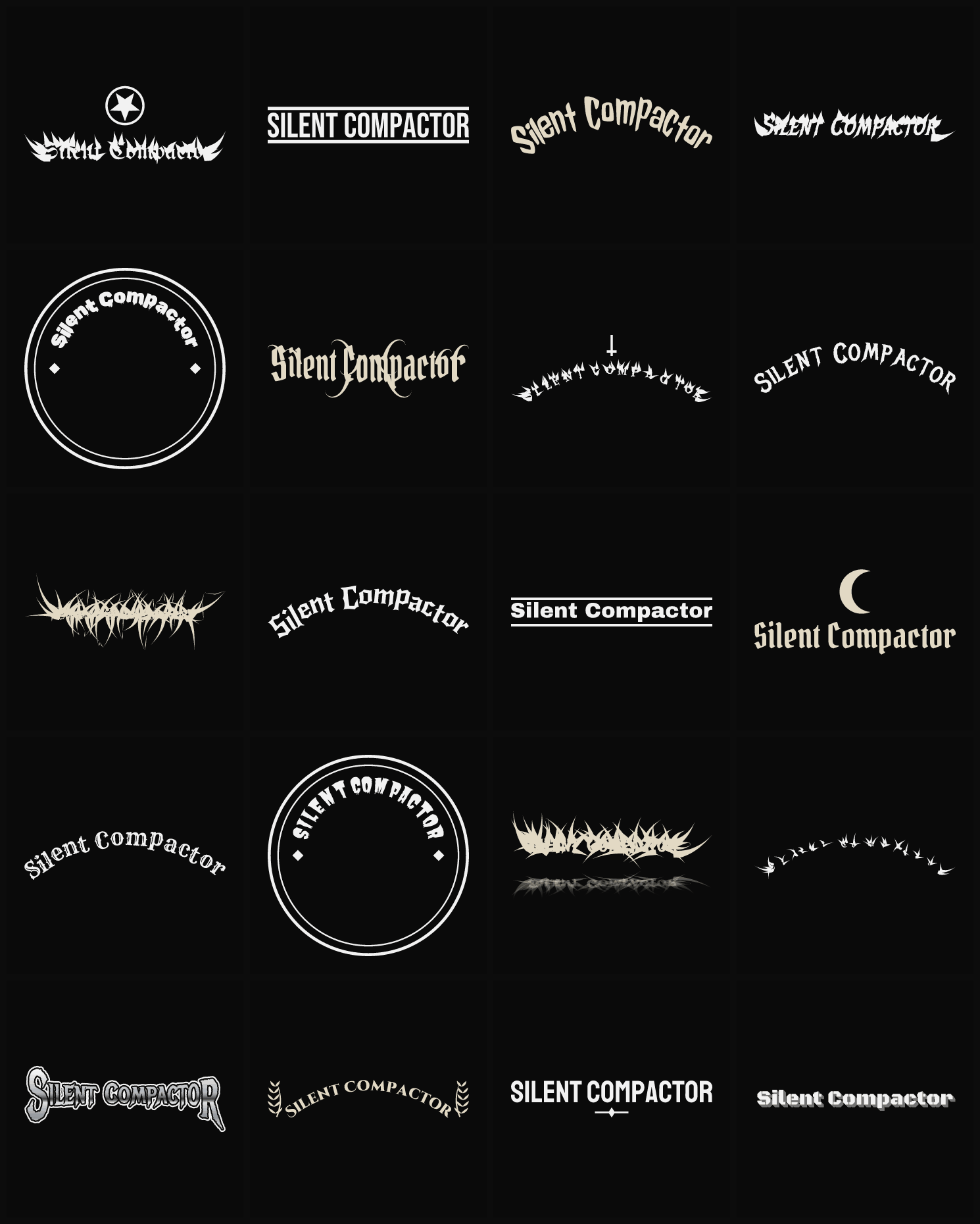 Twenty Silent Compactor band logo ideas — different faces, treatments and spike settings