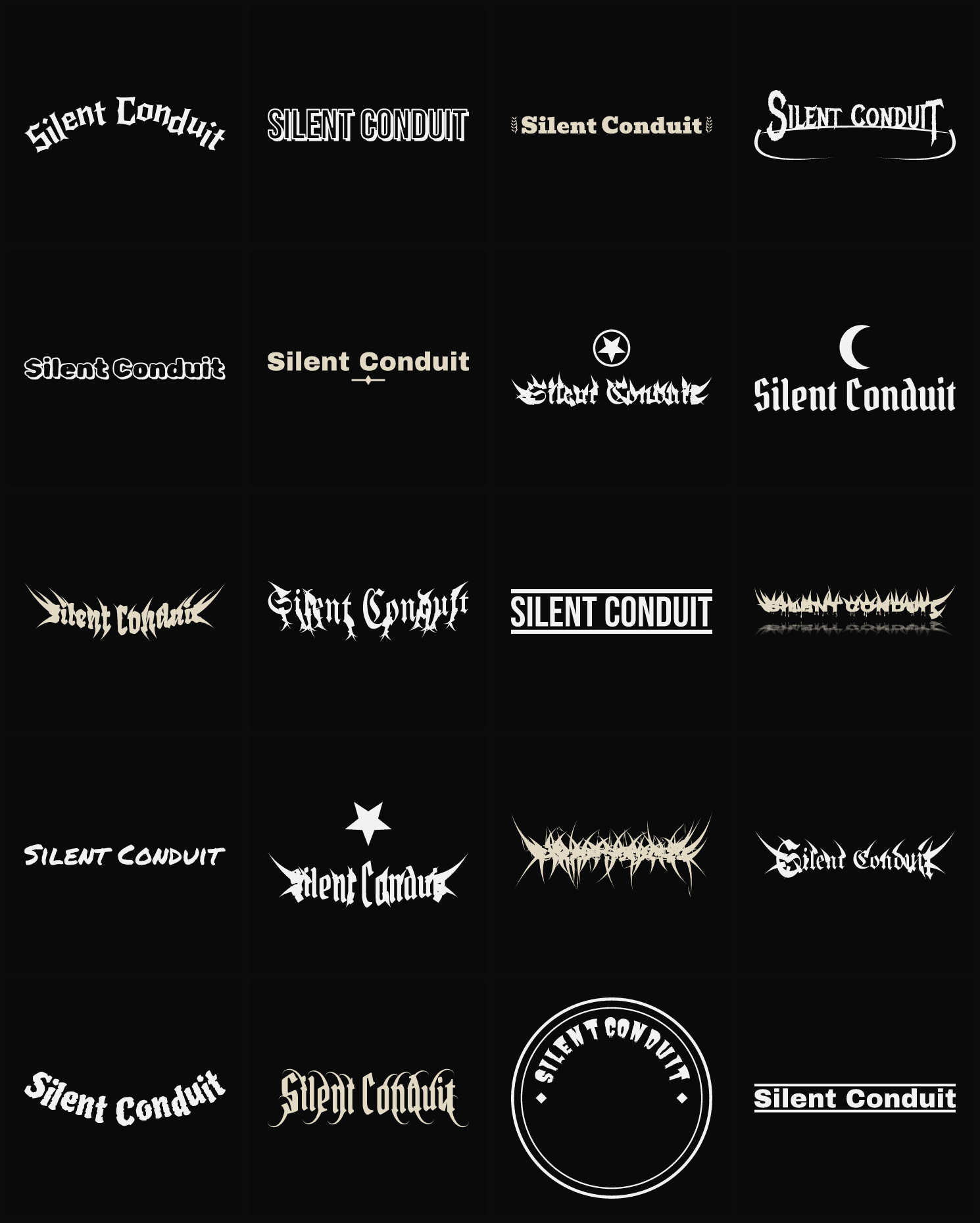 Twenty Silent Conduit band logo ideas — different faces, treatments and spike settings