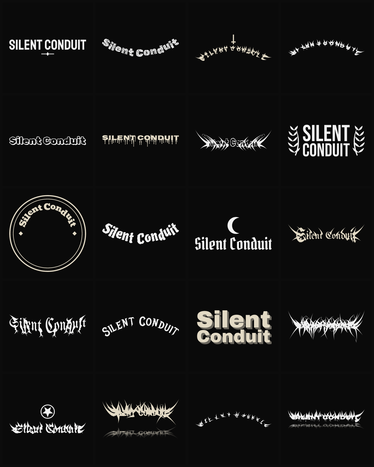 Twenty Silent Conduit band logo ideas — different faces, treatments and spike settings