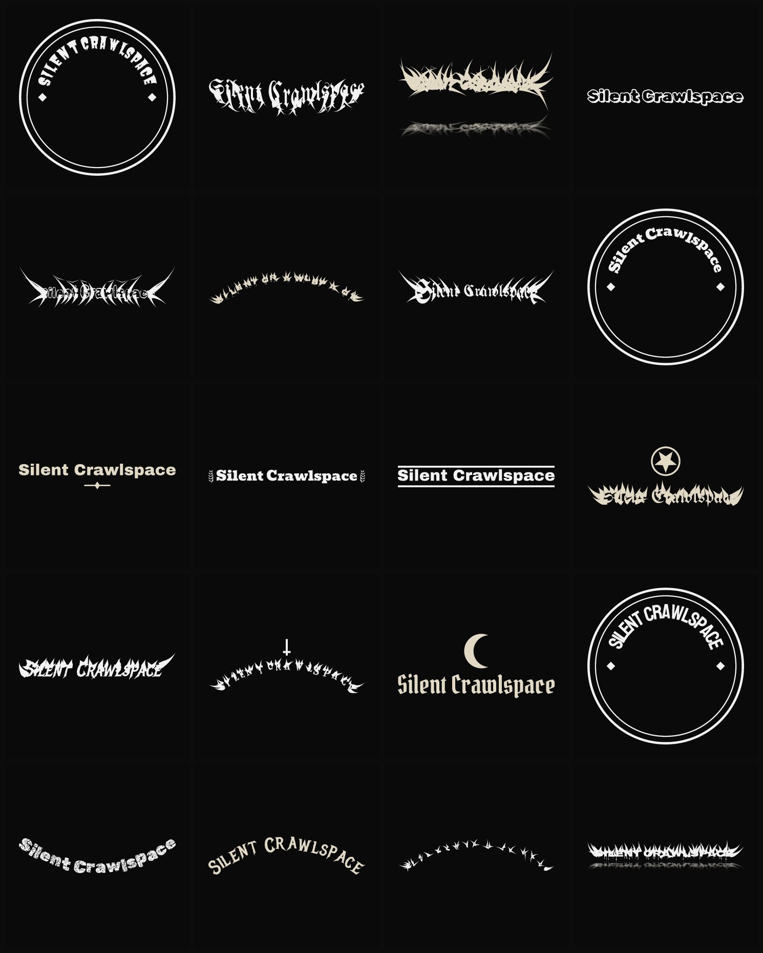 Twenty Silent Crawlspace band logo ideas — different faces, treatments and spike settings