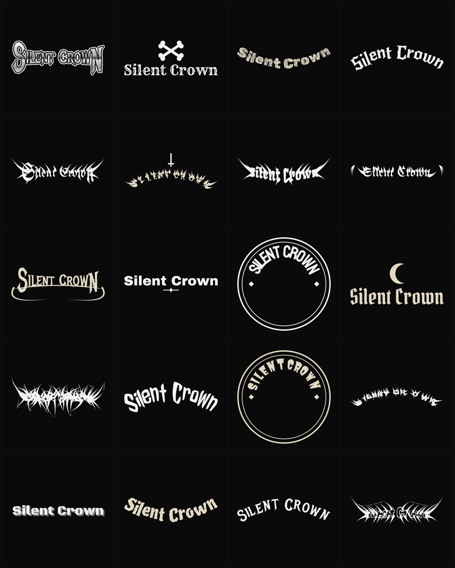 Twenty Silent Crown band logo ideas — different faces, treatments and spike settings