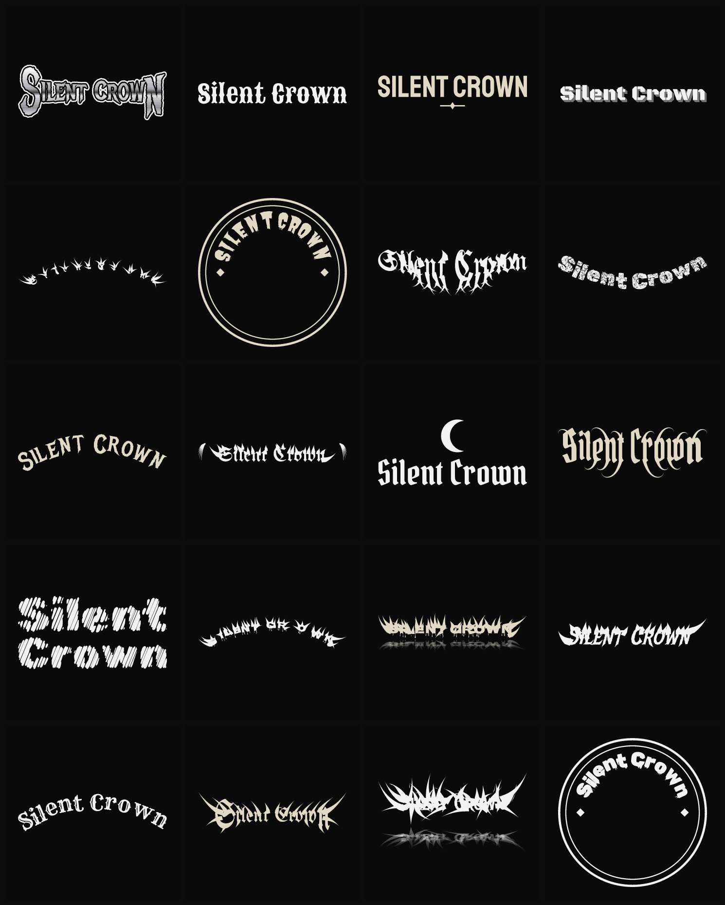Twenty Silent Crown band logo ideas — different faces, treatments and spike settings