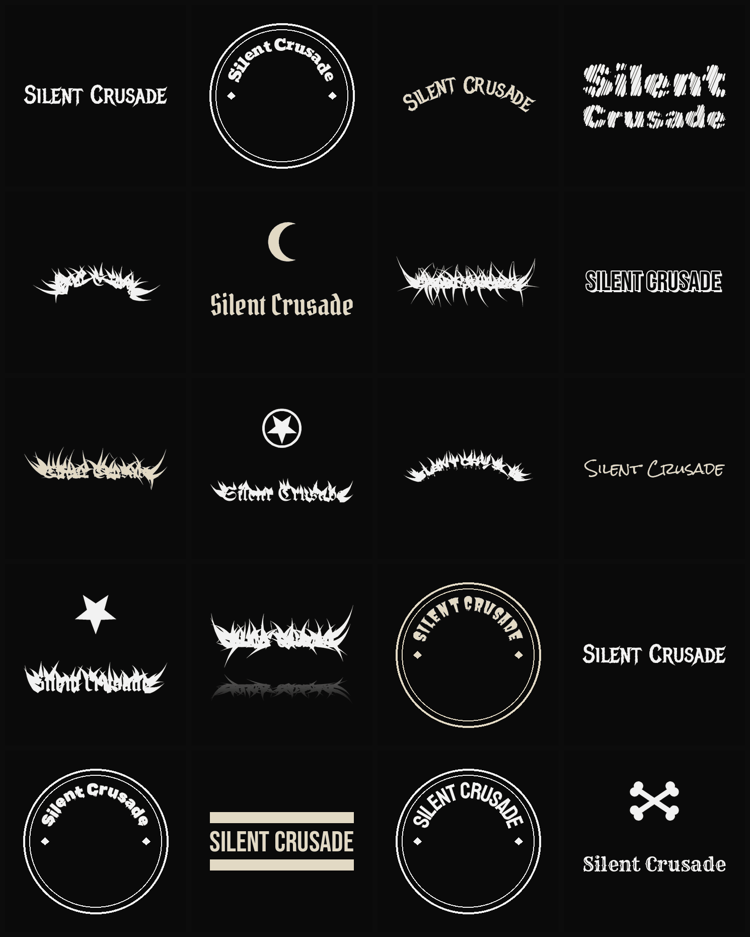 Twenty Silent Crusade band logo ideas — different faces, treatments and spike settings