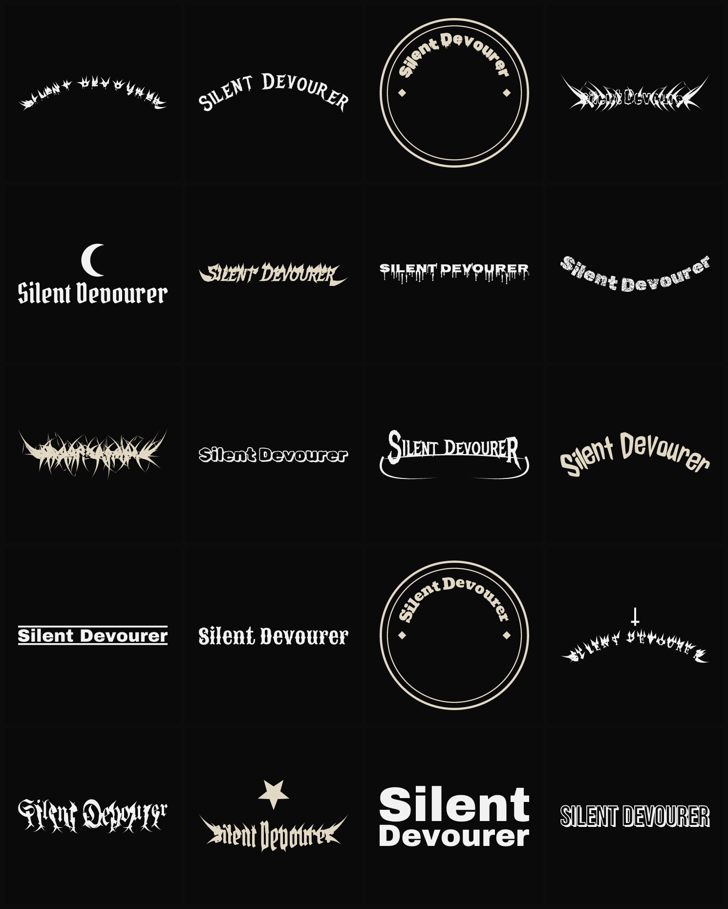 Twenty Silent Devourer band logo ideas — different faces, treatments and spike settings