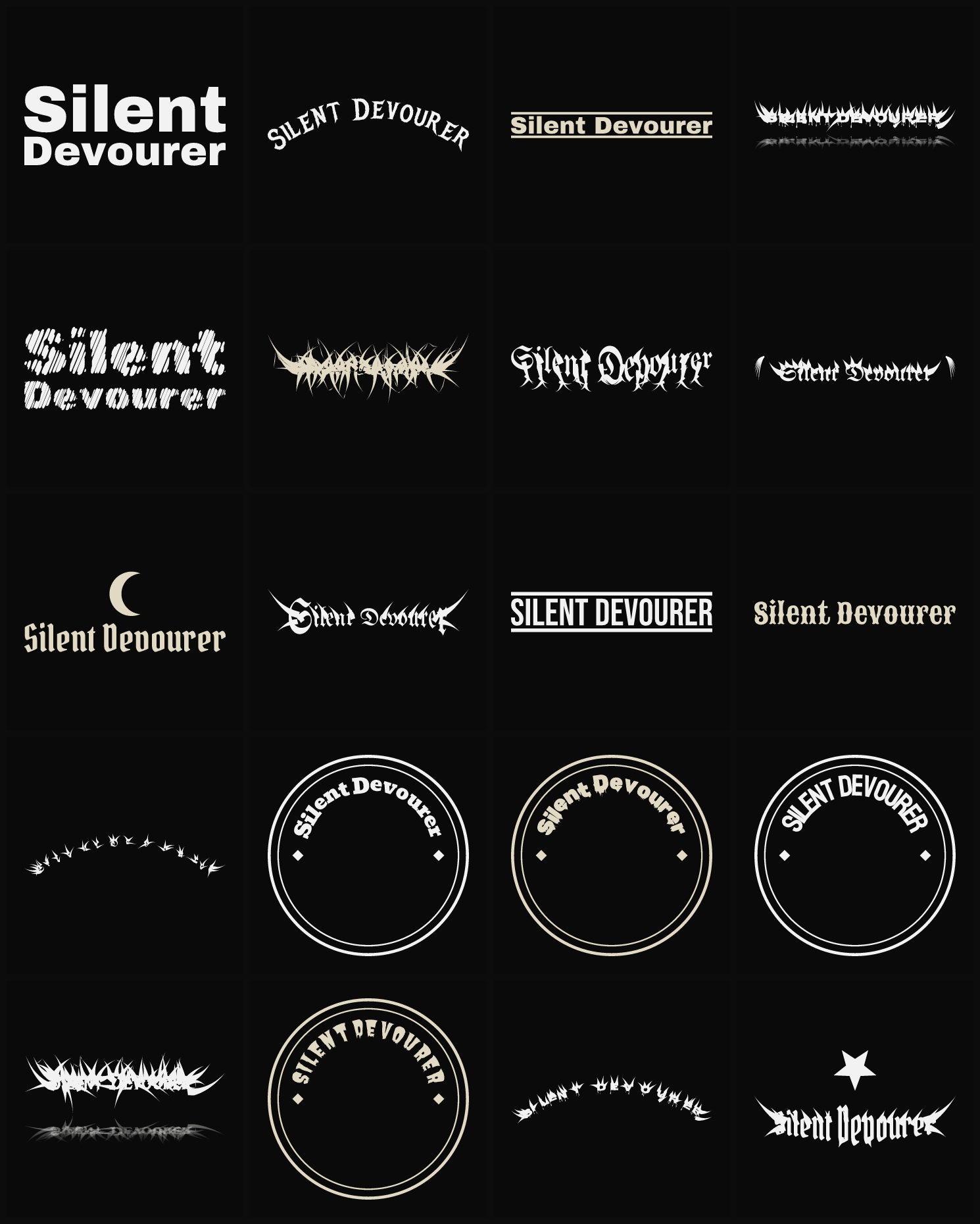 Twenty Silent Devourer band logo ideas — different faces, treatments and spike settings