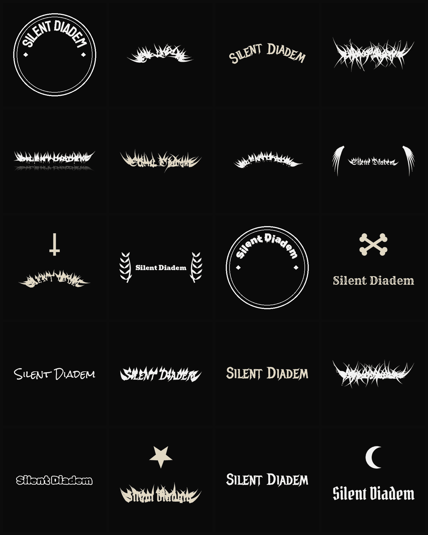 Twenty Silent Diadem band logo ideas — different faces, treatments and spike settings