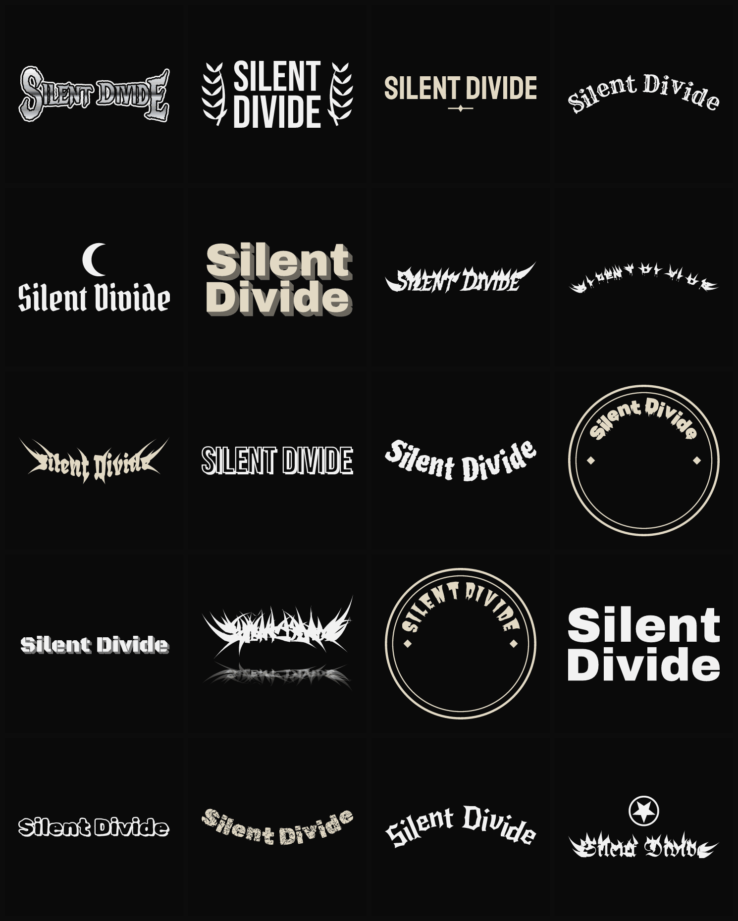 Twenty Silent Divide band logo ideas — different faces, treatments and spike settings