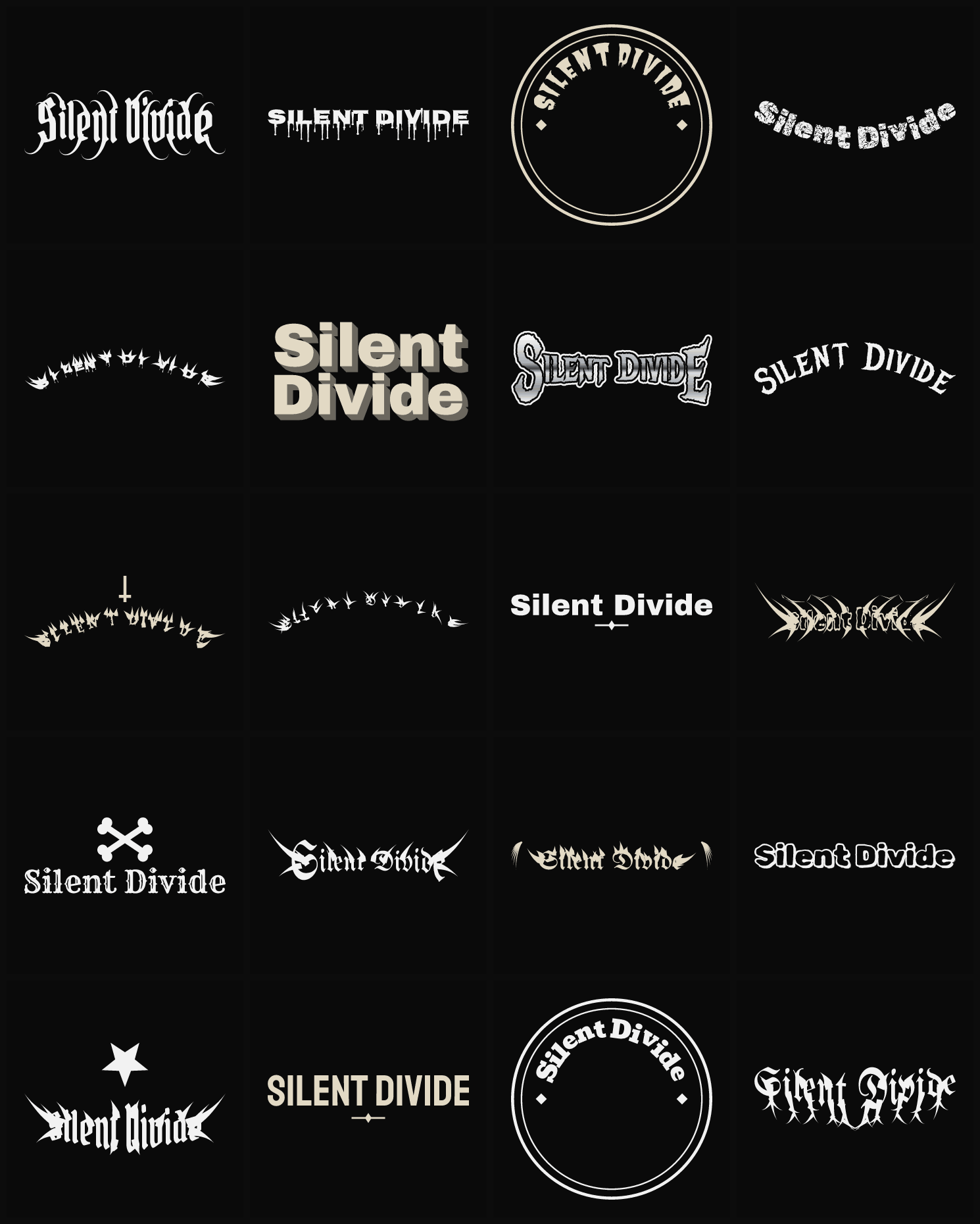 Twenty Silent Divide band logo ideas — different faces, treatments and spike settings