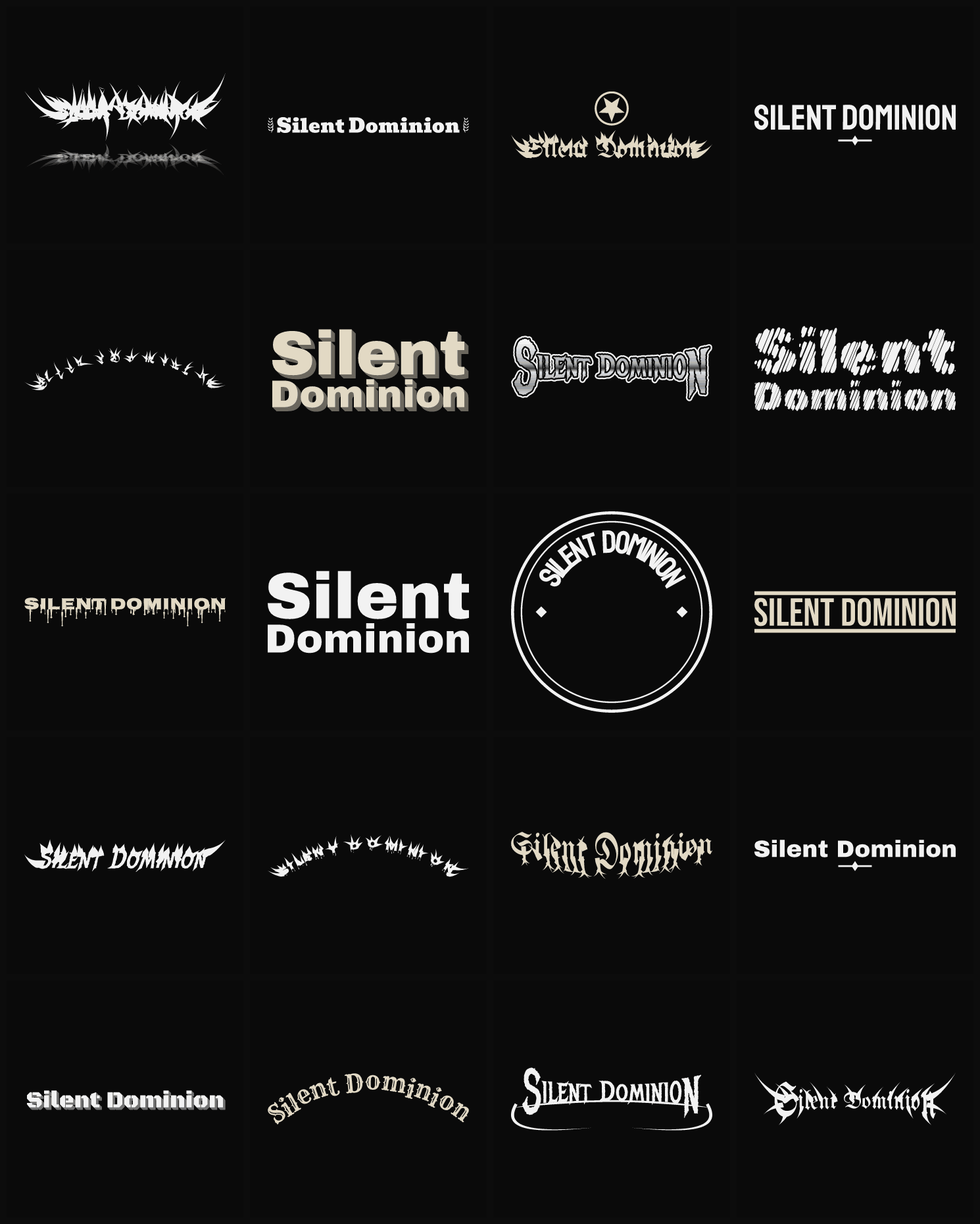 Twenty Silent Dominion band logo ideas — different faces, treatments and spike settings