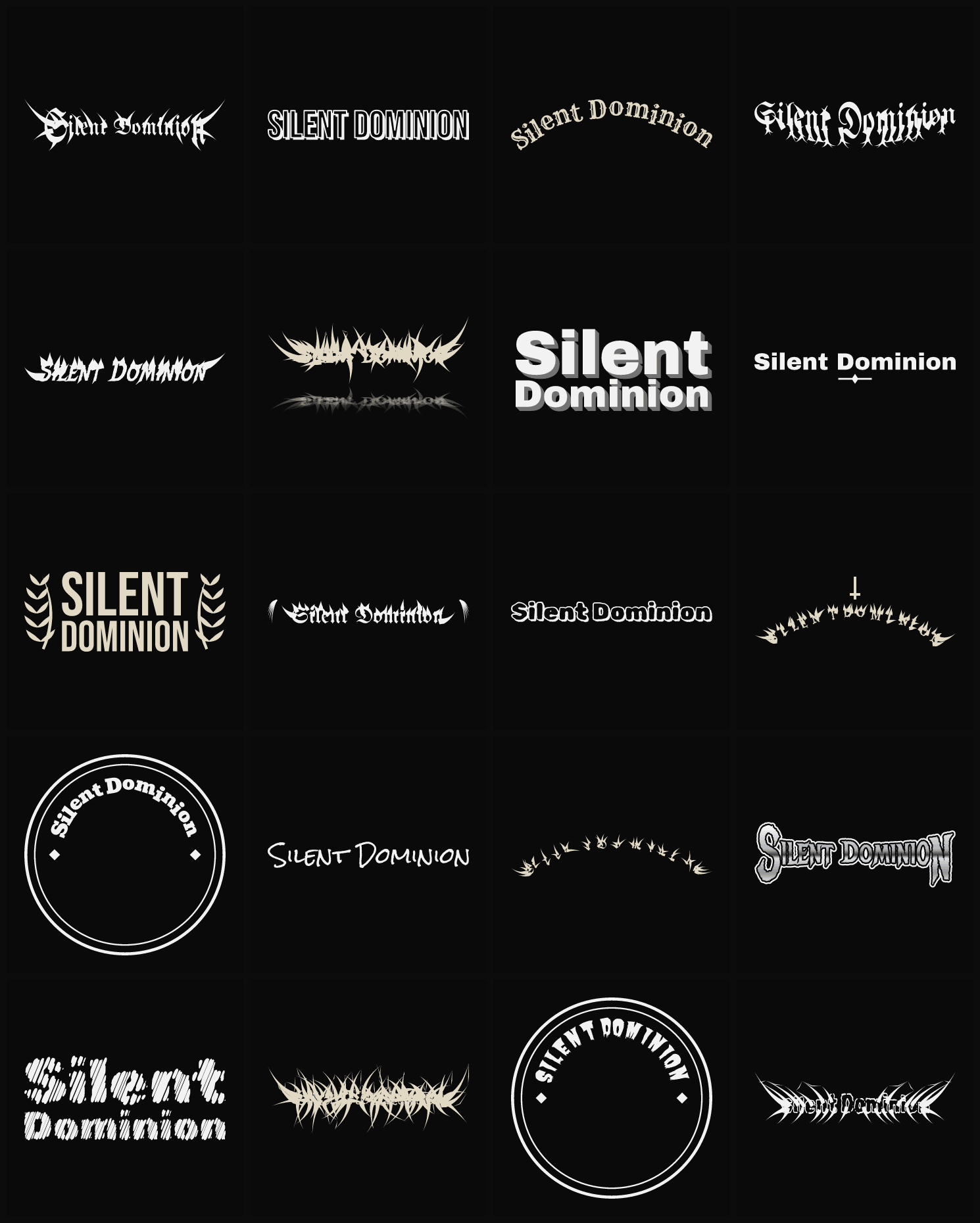 Twenty Silent Dominion band logo ideas — different faces, treatments and spike settings