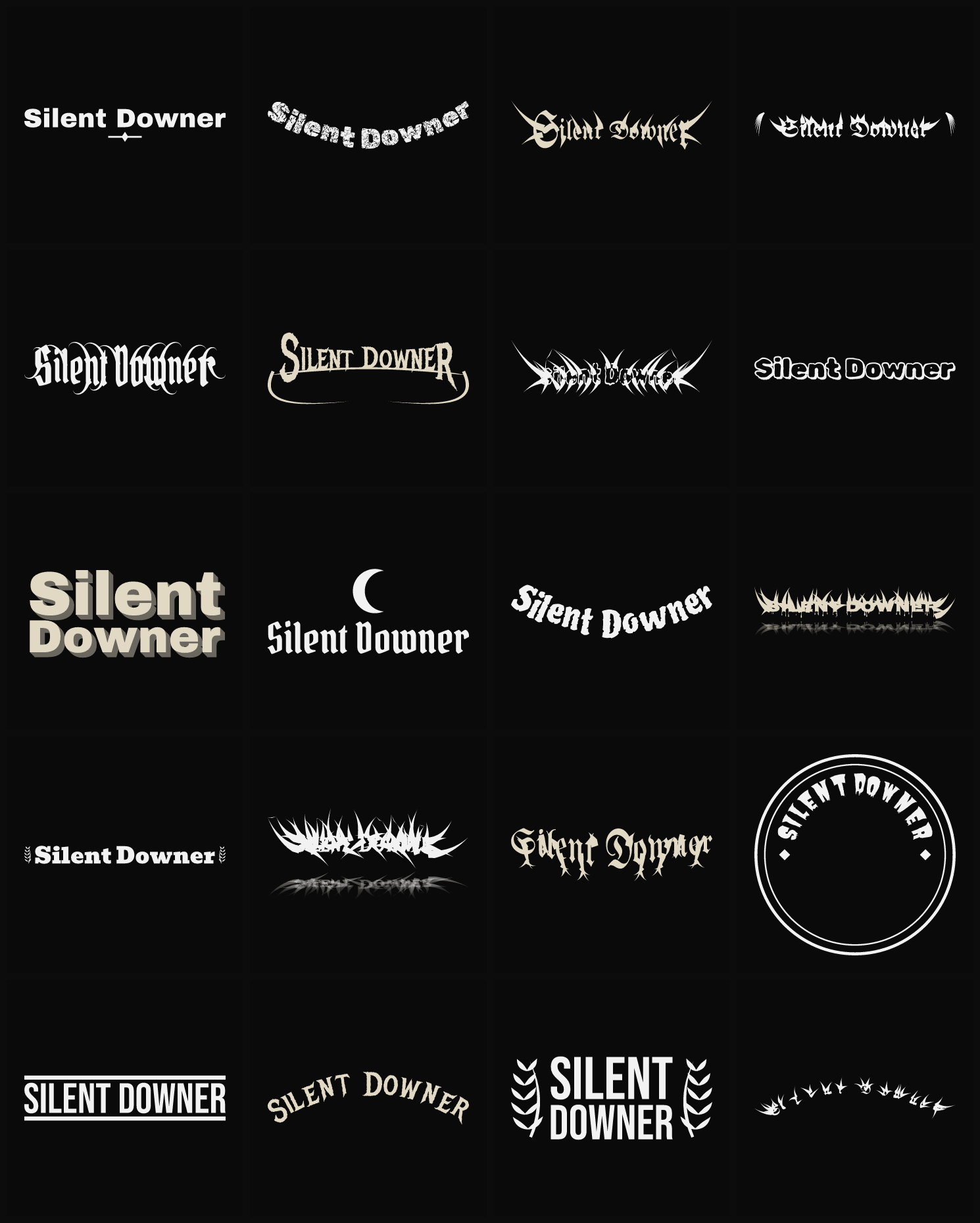 Twenty Silent Downer band logo ideas — different faces, treatments and spike settings