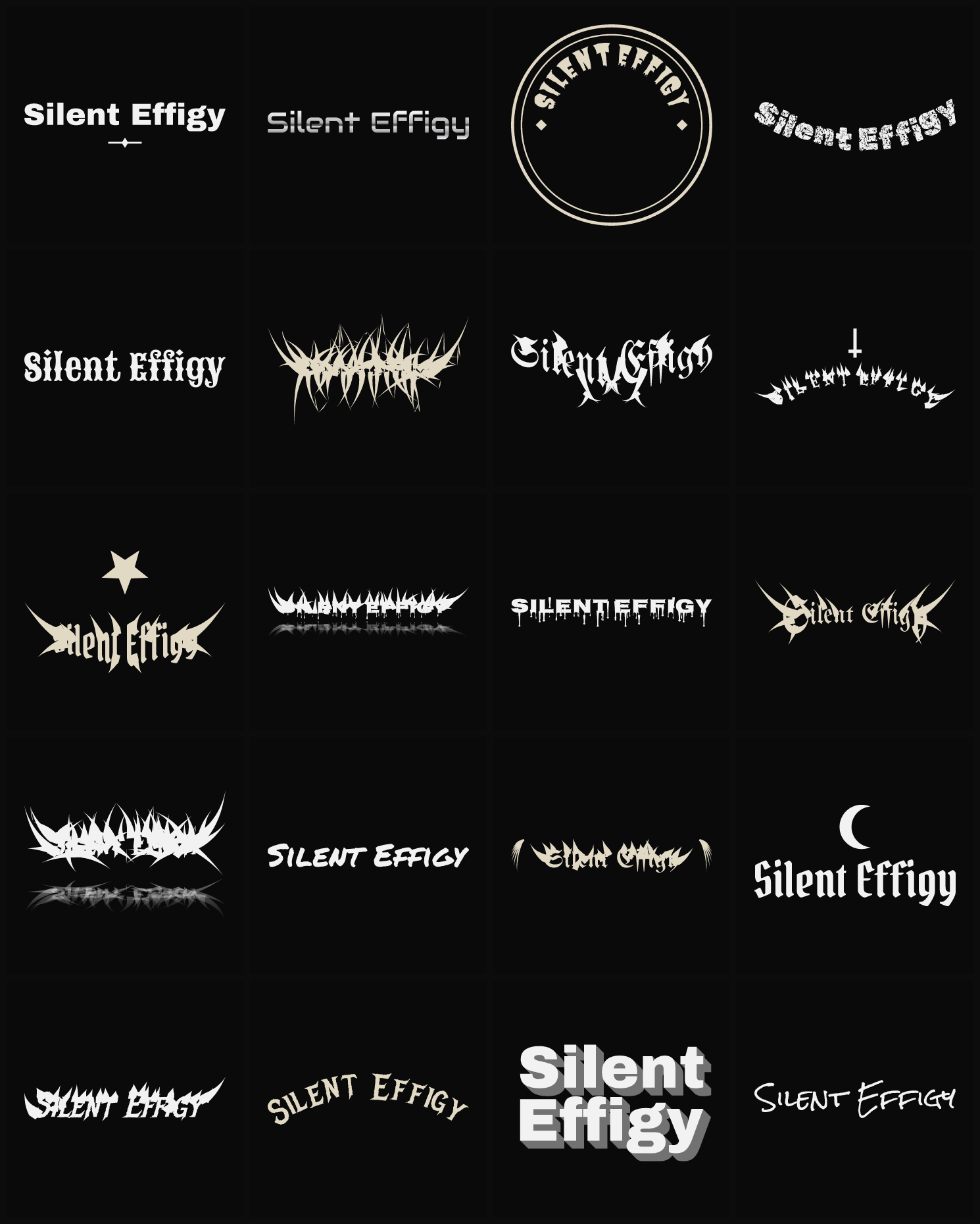 Twenty Silent Effigy band logo ideas — different faces, treatments and spike settings