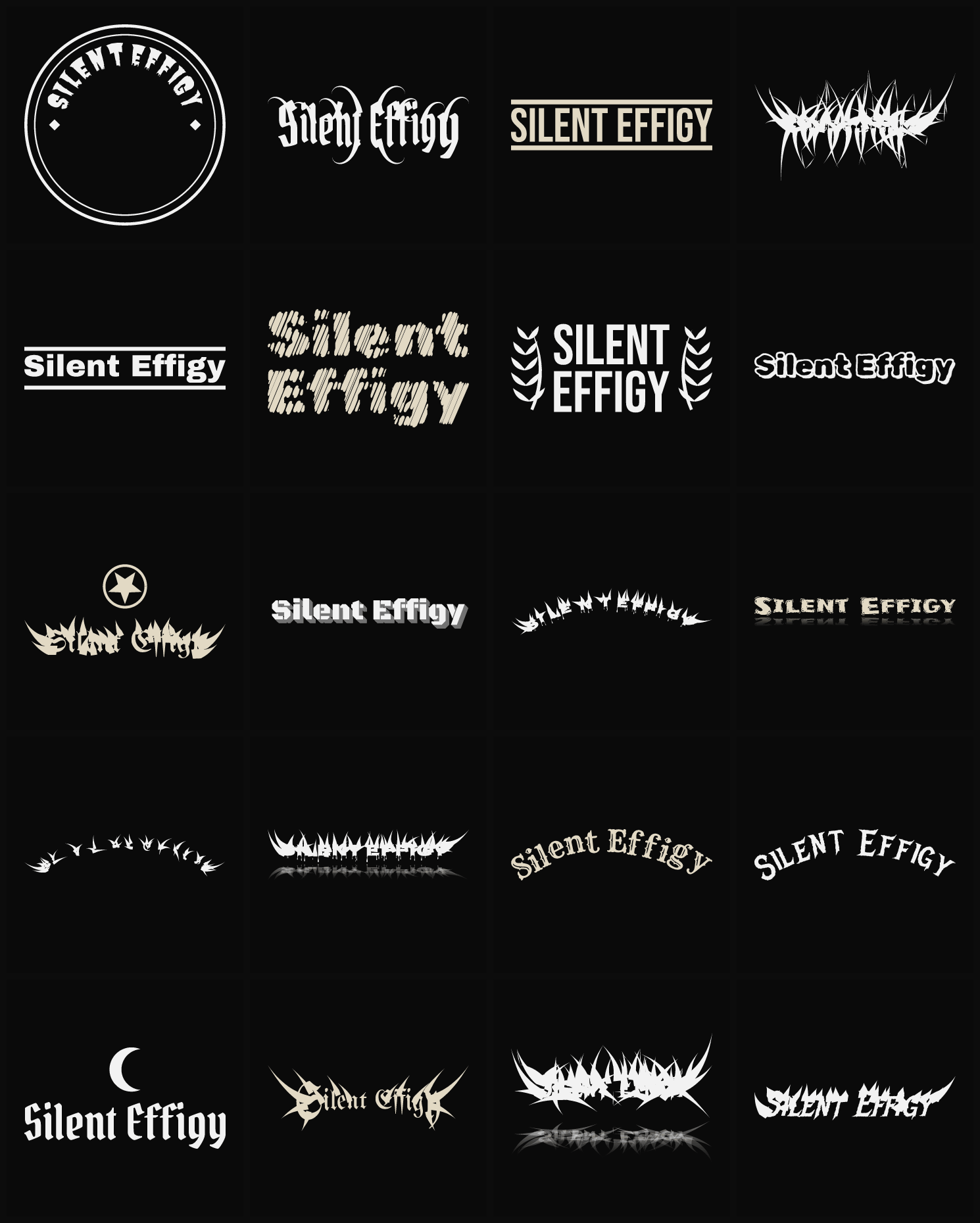 Twenty Silent Effigy band logo ideas — different faces, treatments and spike settings