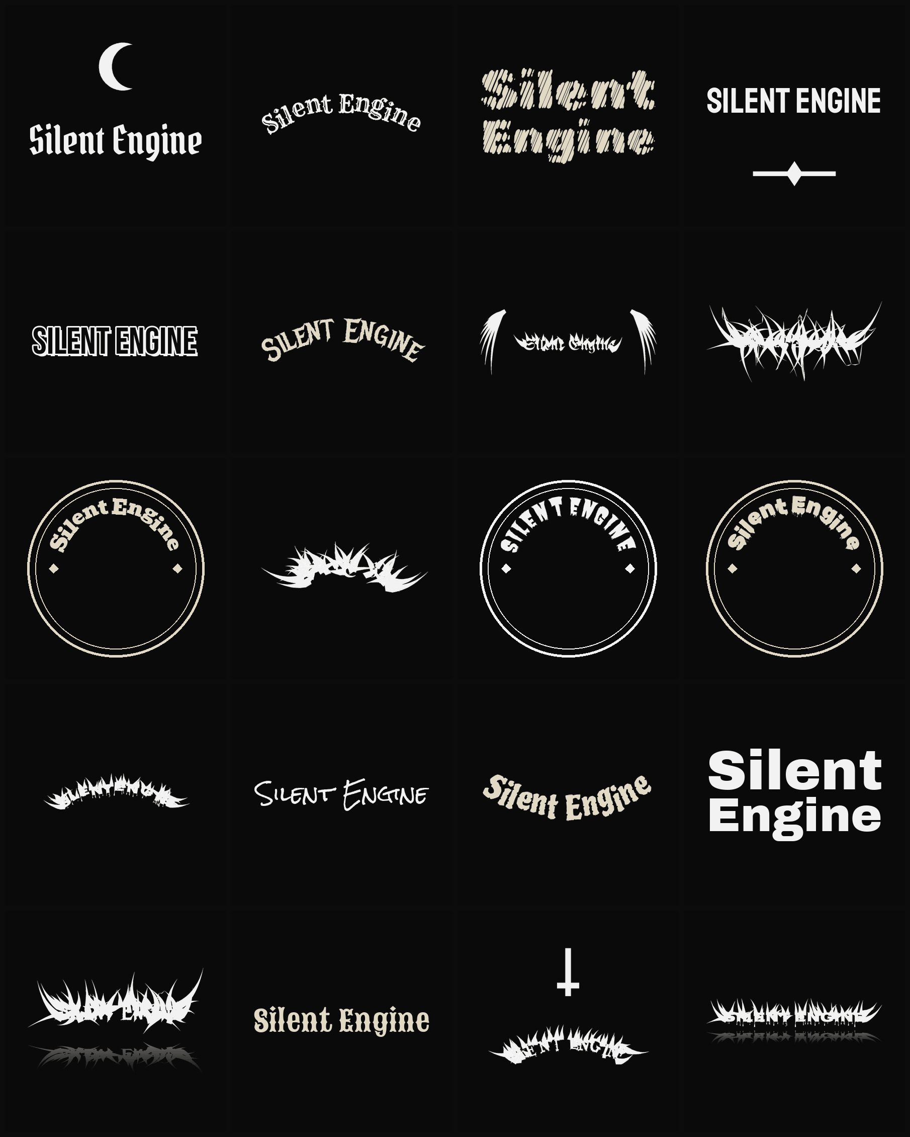 Twenty Silent Engine band logo ideas — different faces, treatments and spike settings