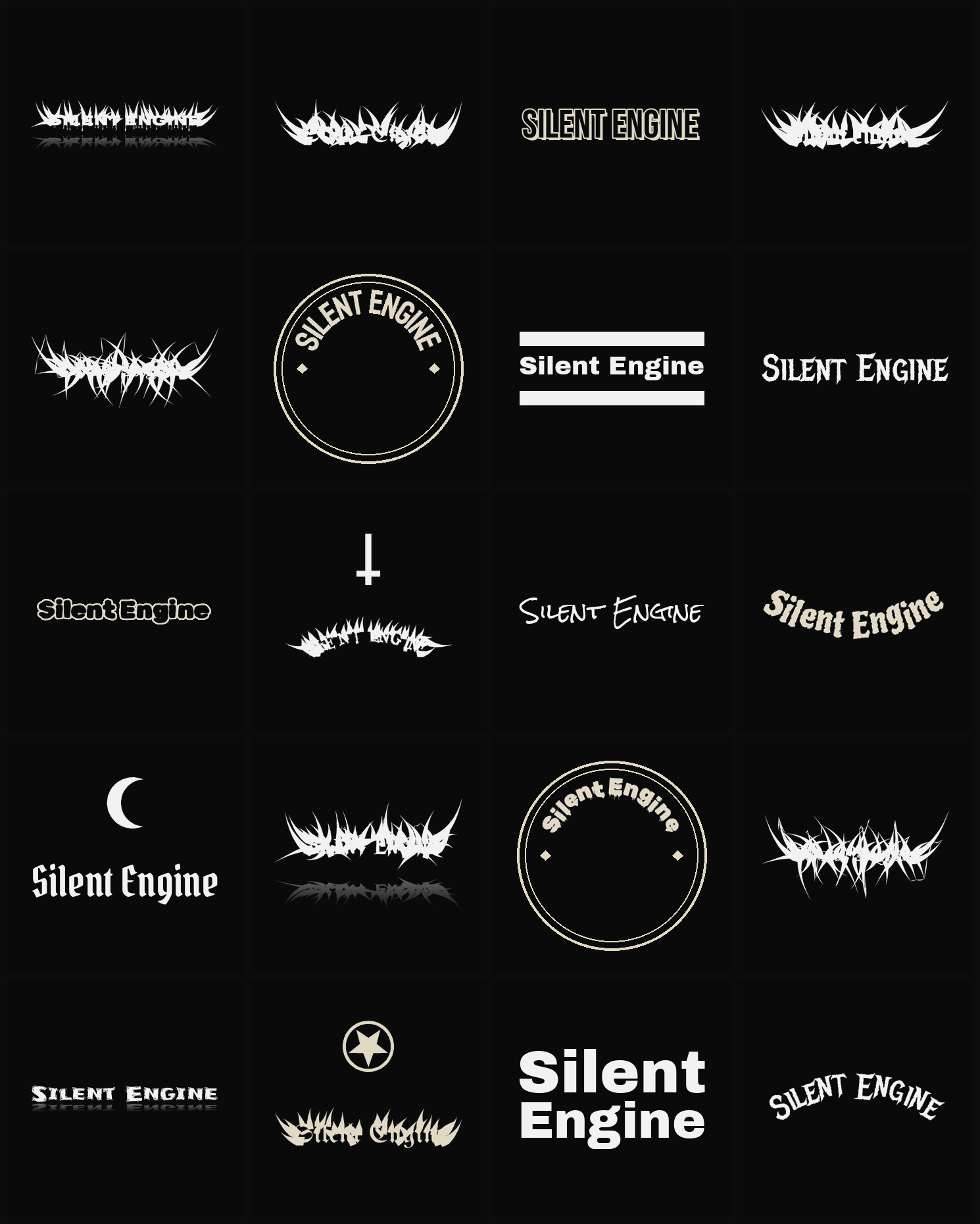 Twenty Silent Engine band logo ideas — different faces, treatments and spike settings