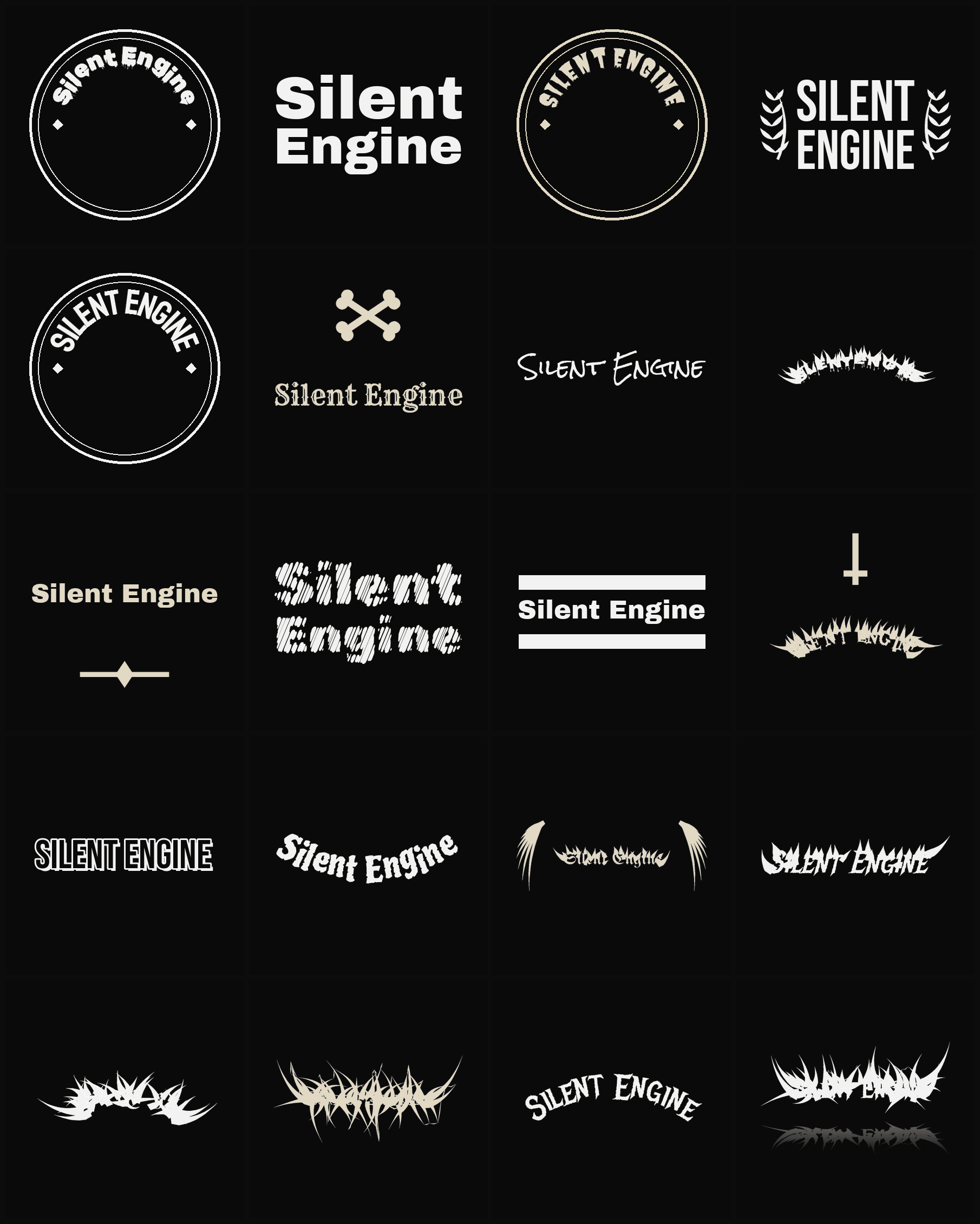 Twenty Silent Engine band logo ideas — different faces, treatments and spike settings