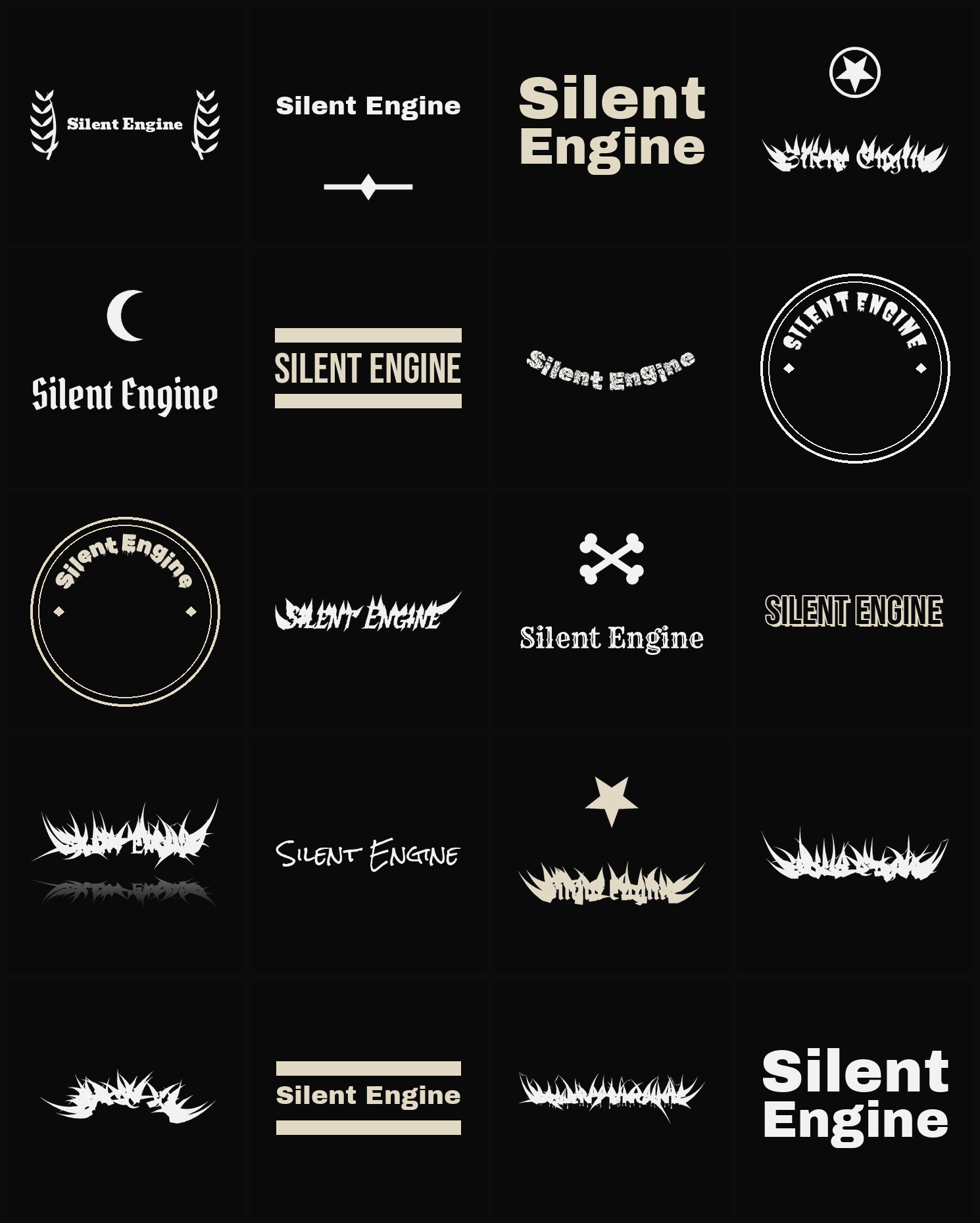 Twenty Silent Engine band logo ideas — different faces, treatments and spike settings