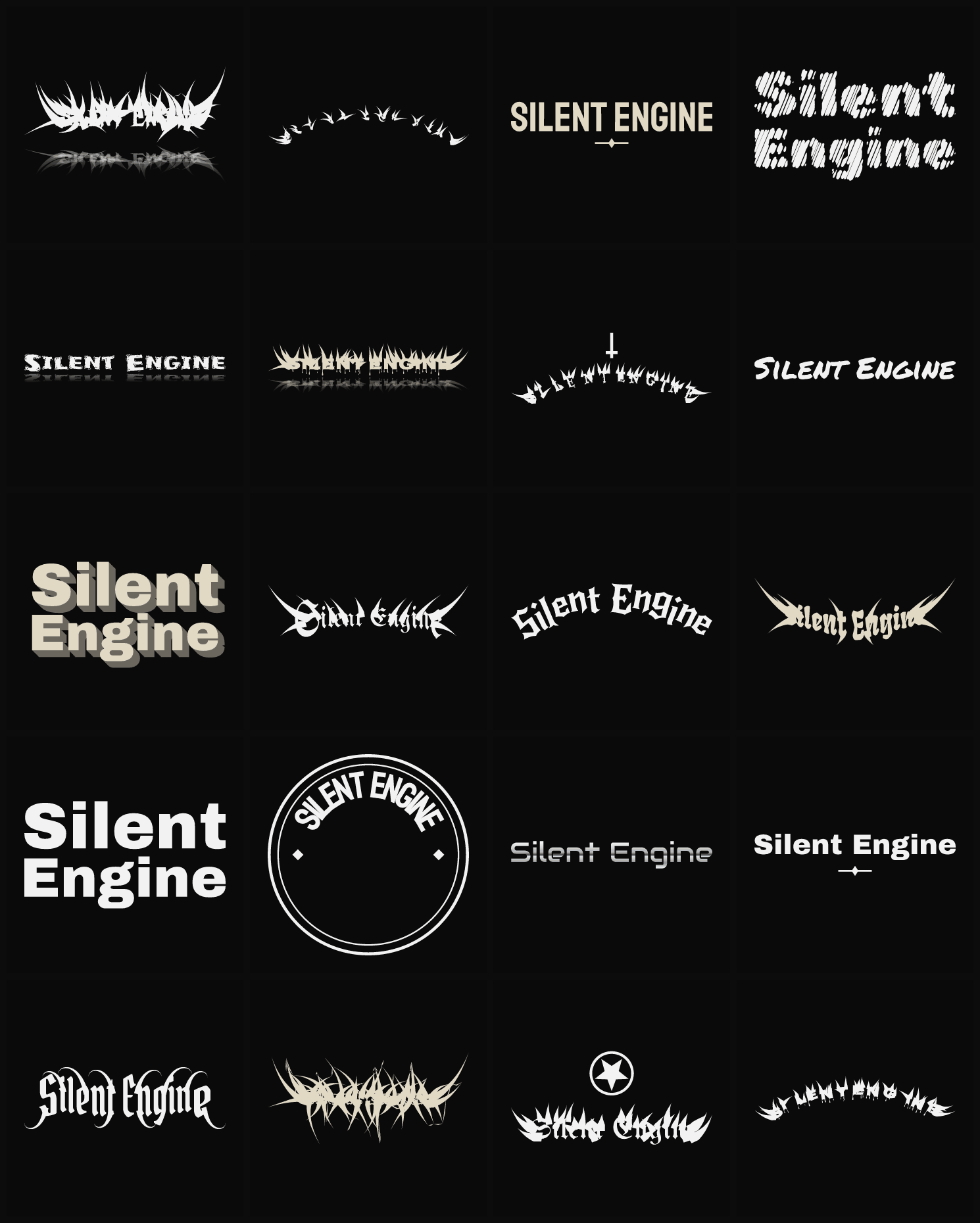 Twenty Silent Engine band logo ideas — different faces, treatments and spike settings