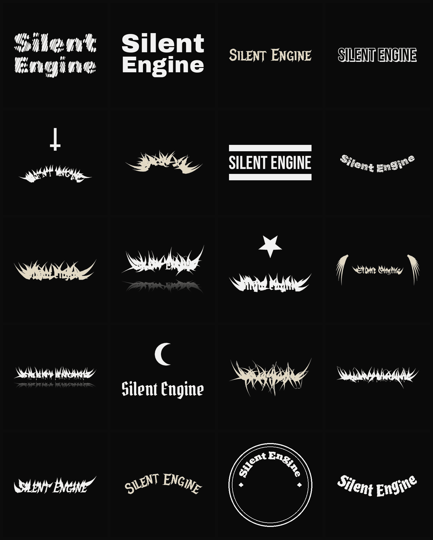 Twenty Silent Engine band logo ideas — different faces, treatments and spike settings