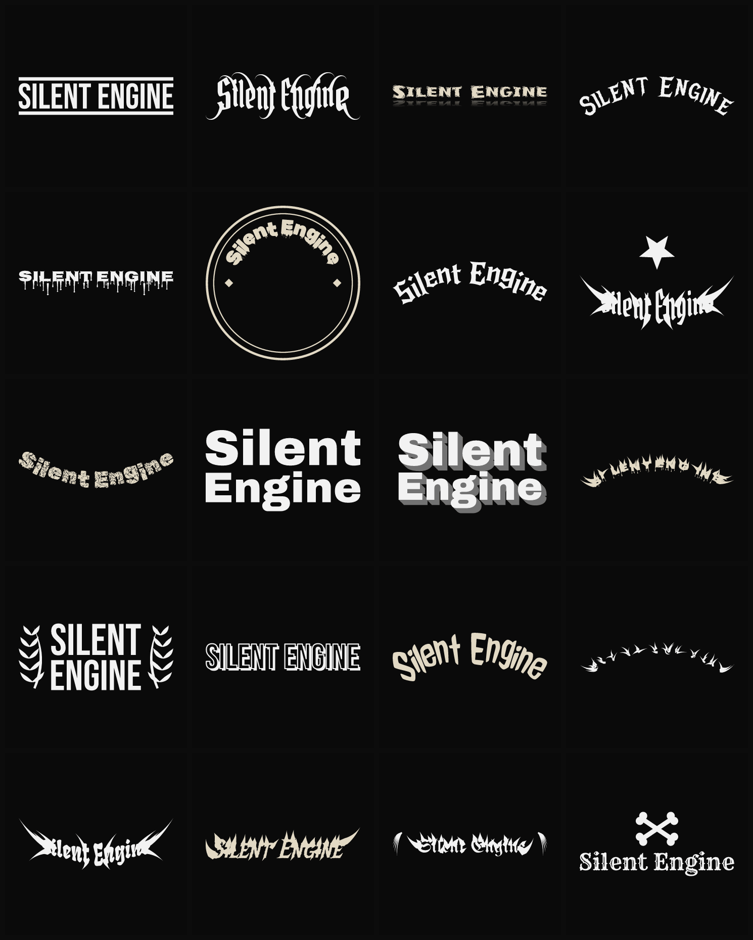 Twenty Silent Engine band logo ideas — different faces, treatments and spike settings