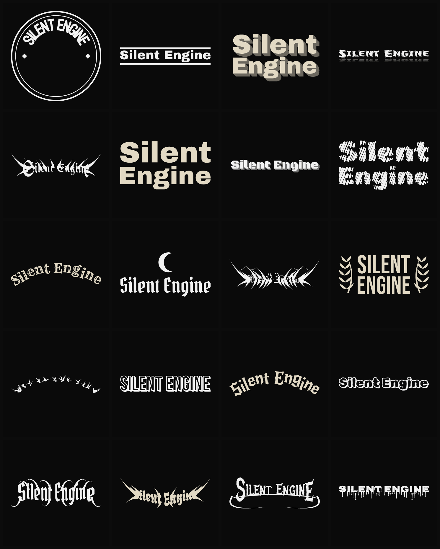 Twenty Silent Engine band logo ideas — different faces, treatments and spike settings