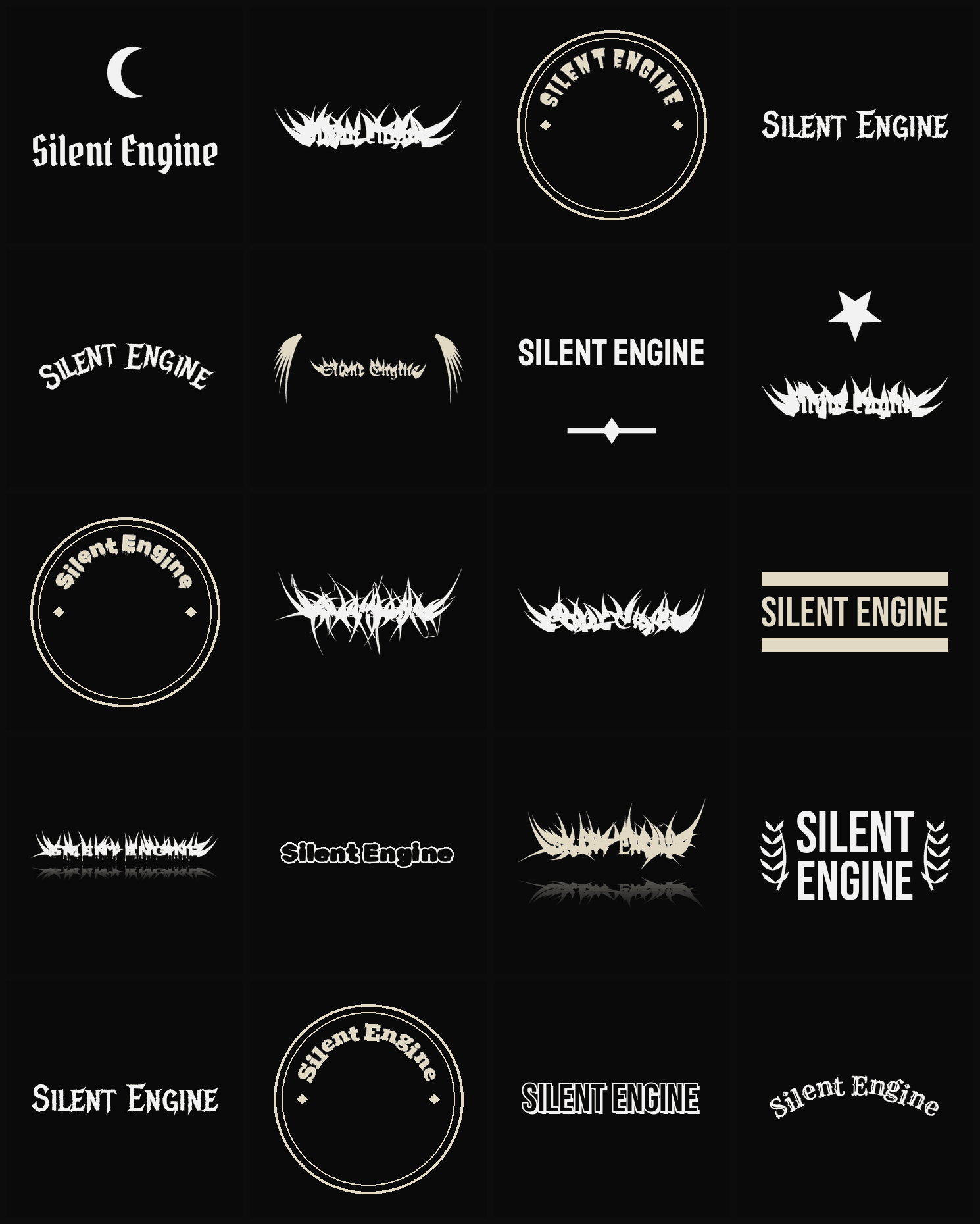Twenty Silent Engine band logo ideas — different faces, treatments and spike settings