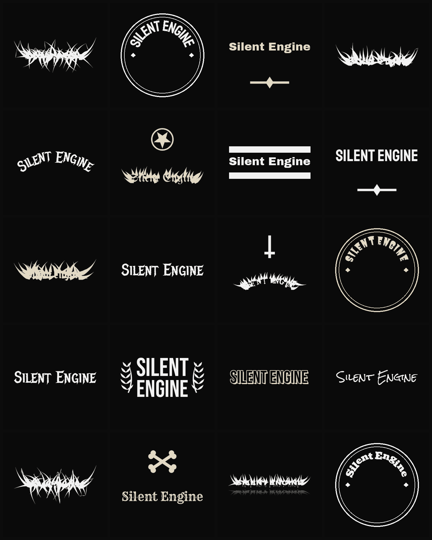 Twenty Silent Engine band logo ideas — different faces, treatments and spike settings