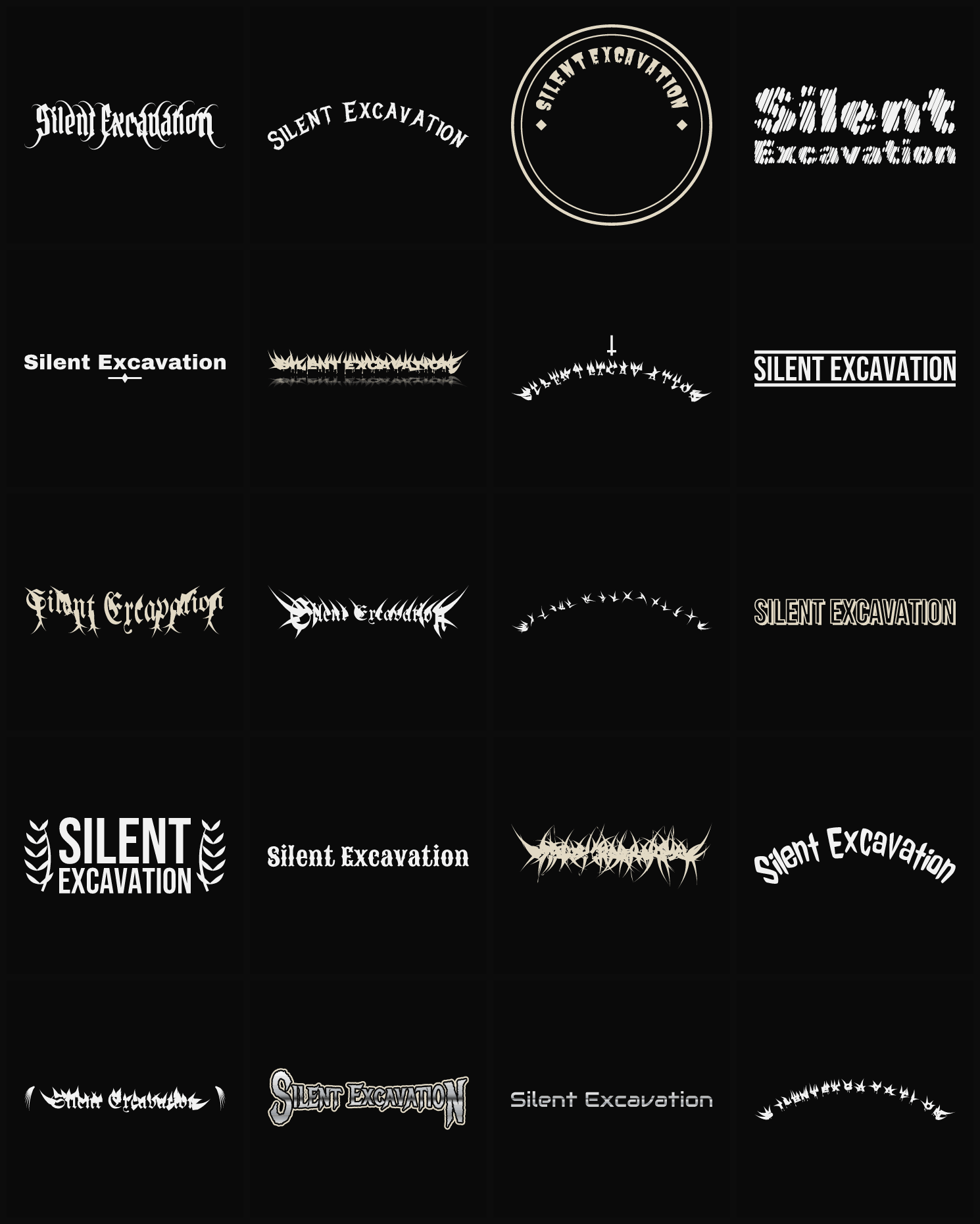 Twenty Silent Excavation band logo ideas — different faces, treatments and spike settings