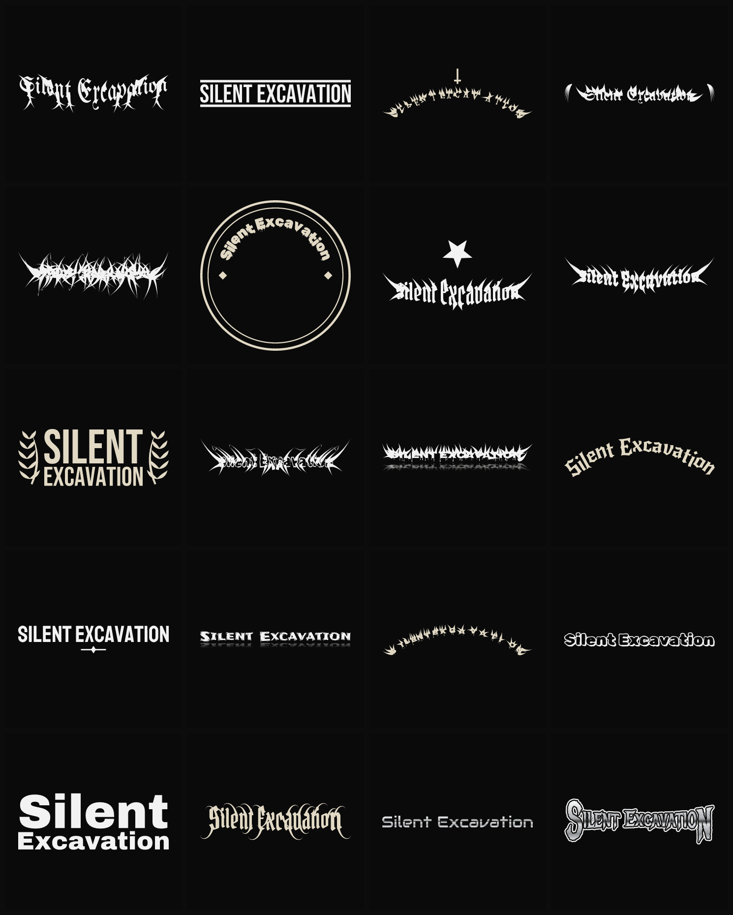 Twenty Silent Excavation band logo ideas — different faces, treatments and spike settings