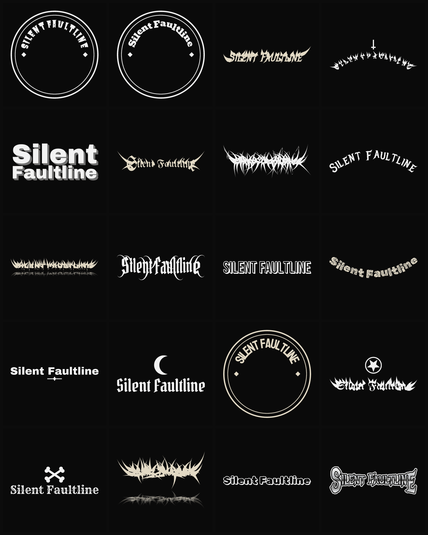 Twenty Silent Faultline band logo ideas — different faces, treatments and spike settings