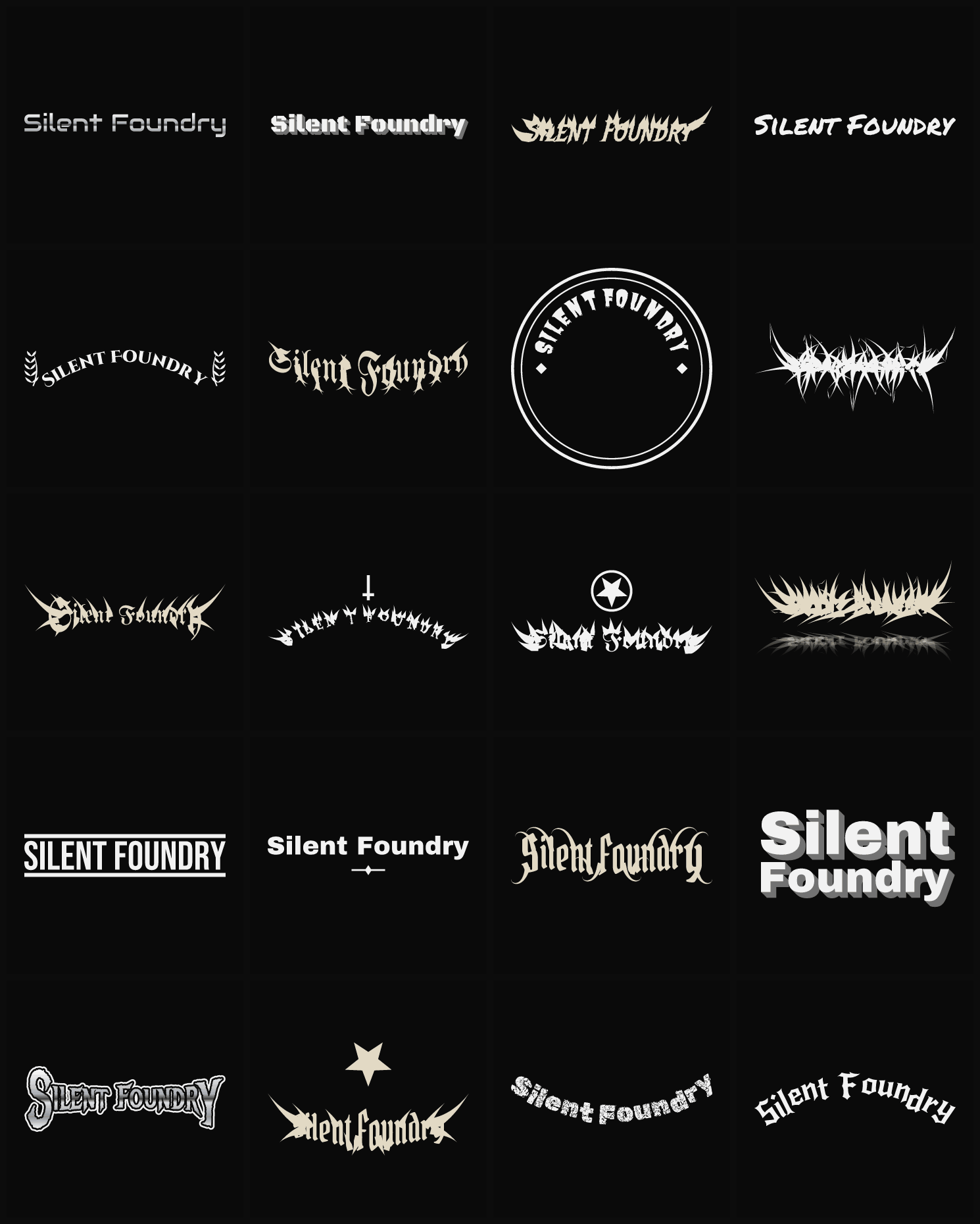 Twenty Silent Foundry band logo ideas — different faces, treatments and spike settings
