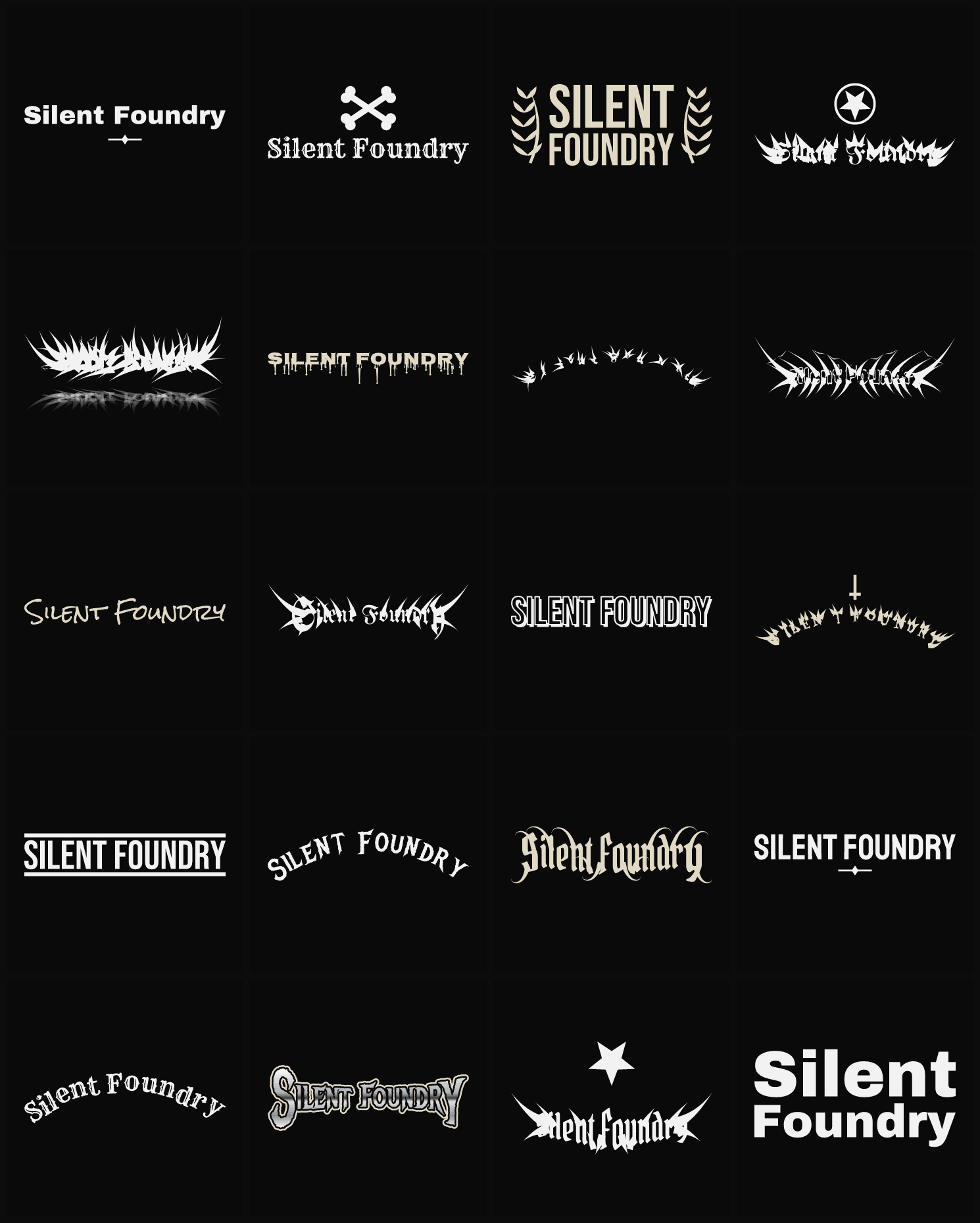 Twenty Silent Foundry band logo ideas — different faces, treatments and spike settings