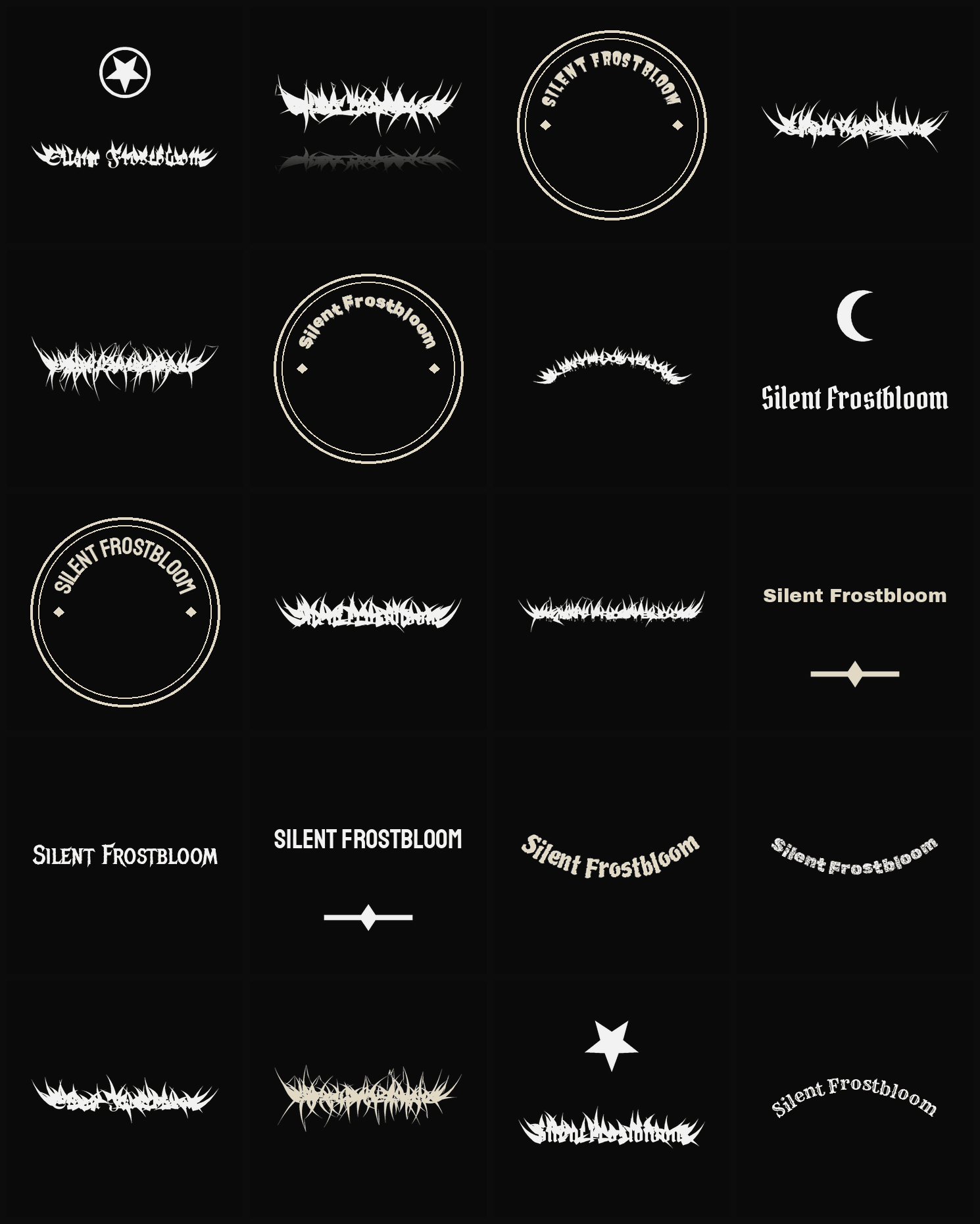 Twenty Silent Frostbloom band logo ideas — different faces, treatments and spike settings