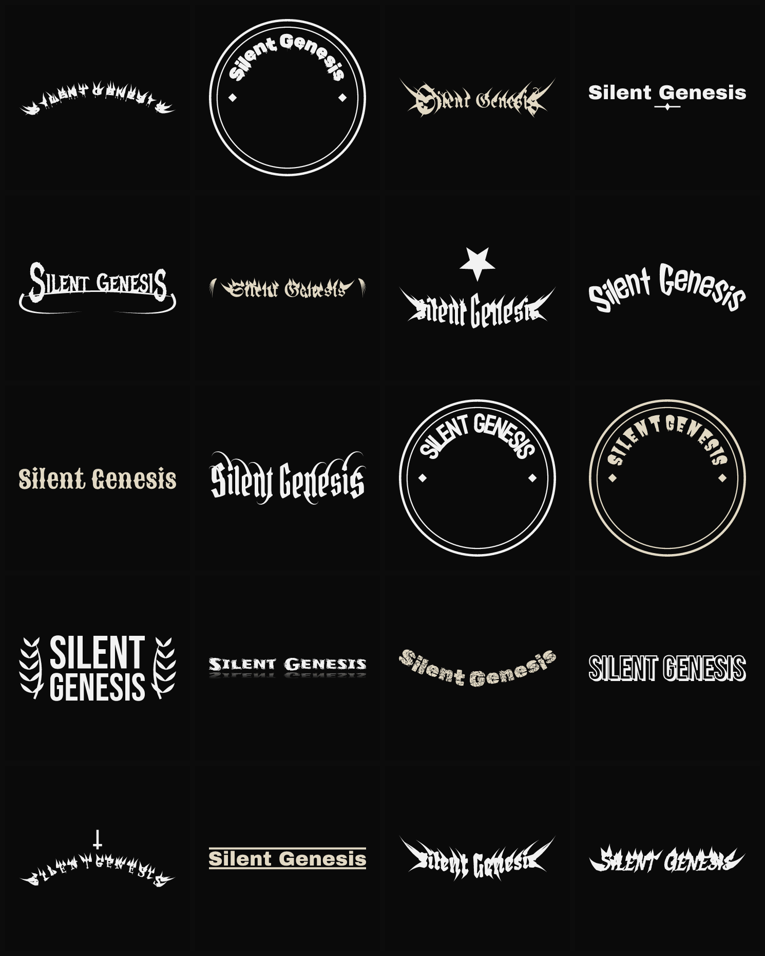 Twenty Silent Genesis band logo ideas — different faces, treatments and spike settings
