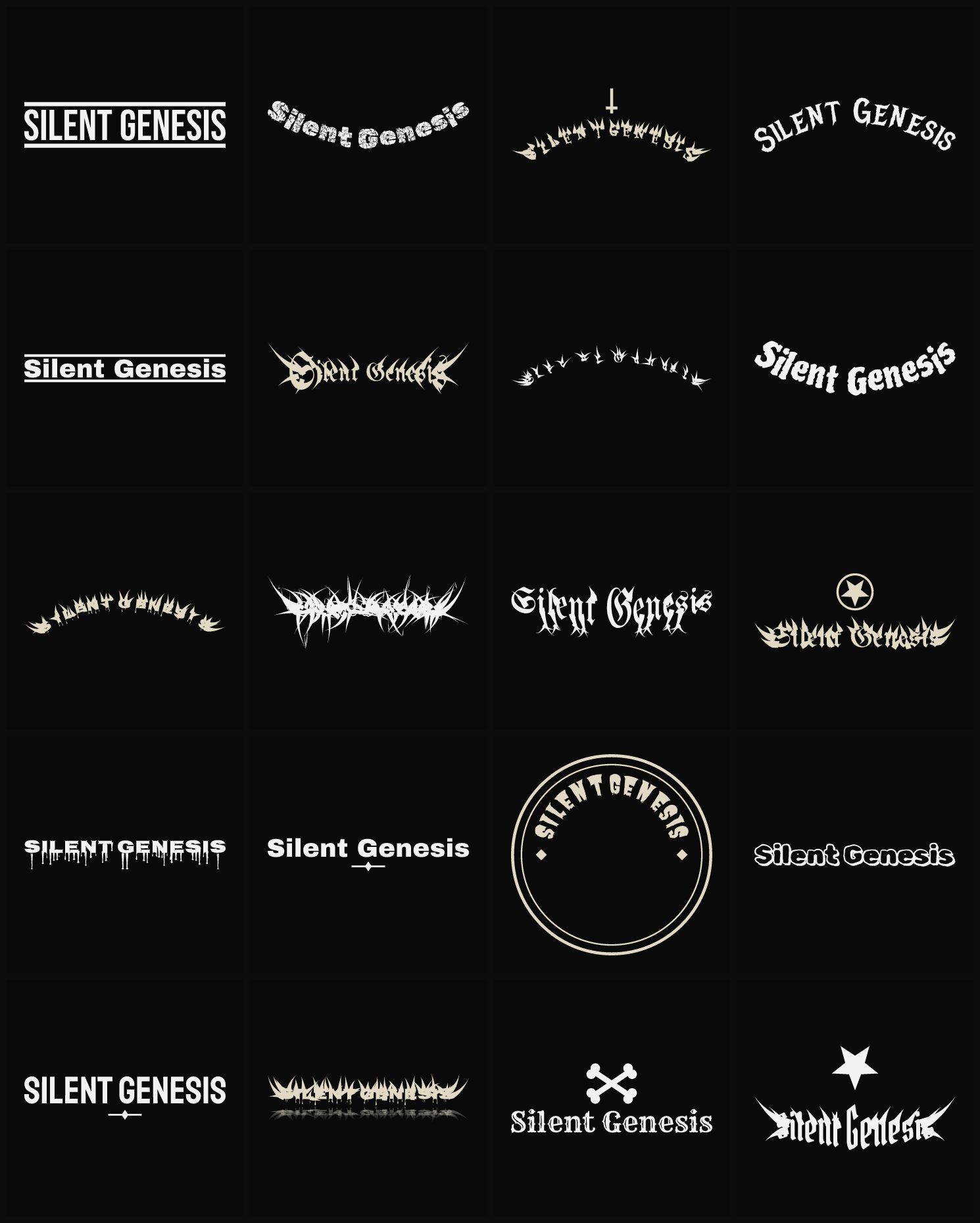 Twenty Silent Genesis band logo ideas — different faces, treatments and spike settings