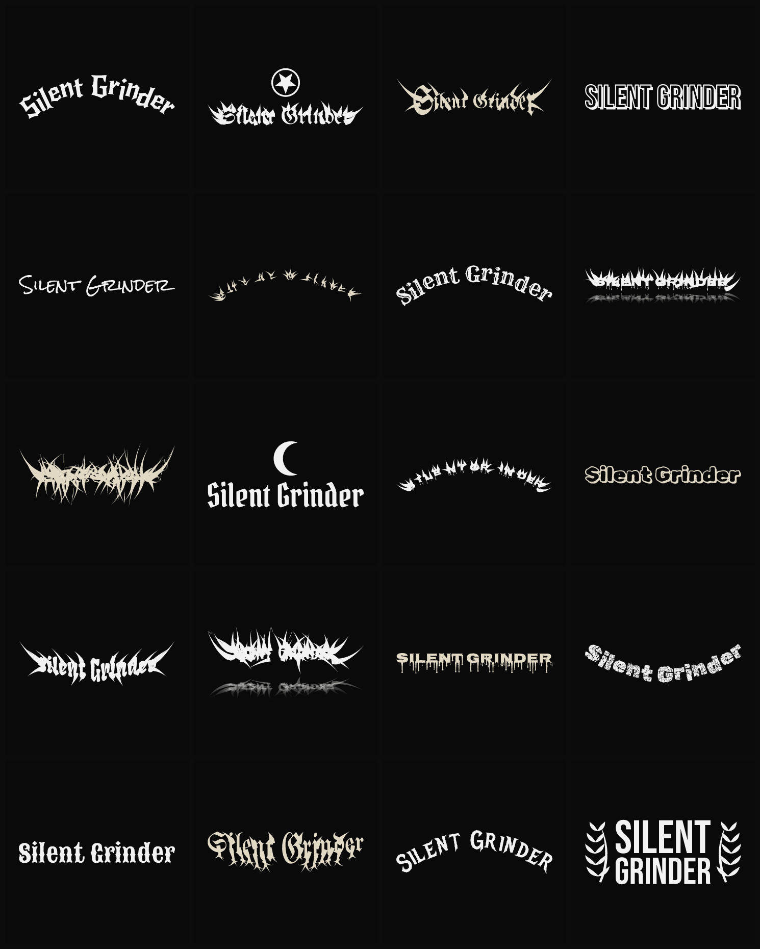 Twenty Silent Grinder band logo ideas — different faces, treatments and spike settings