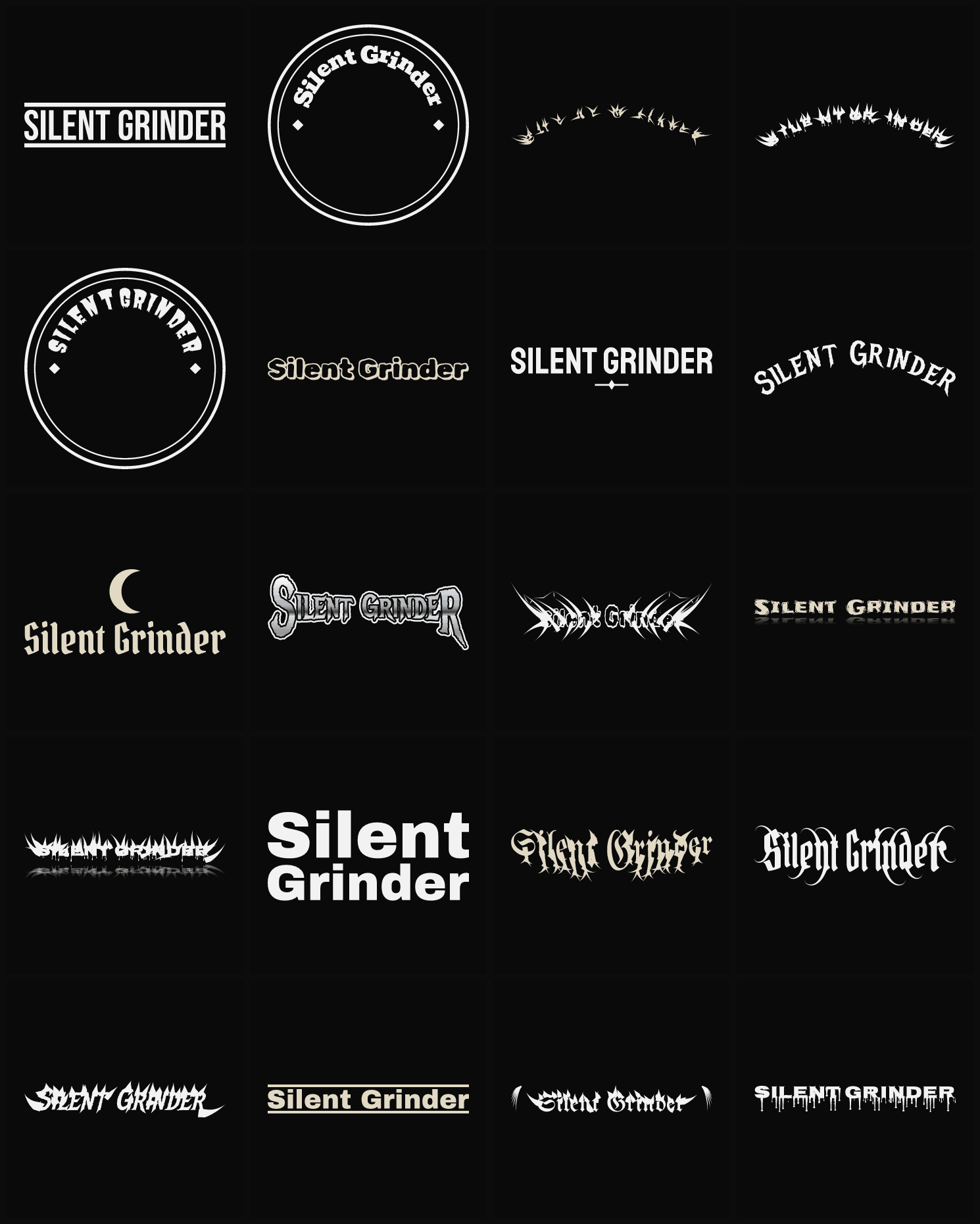 Twenty Silent Grinder band logo ideas — different faces, treatments and spike settings