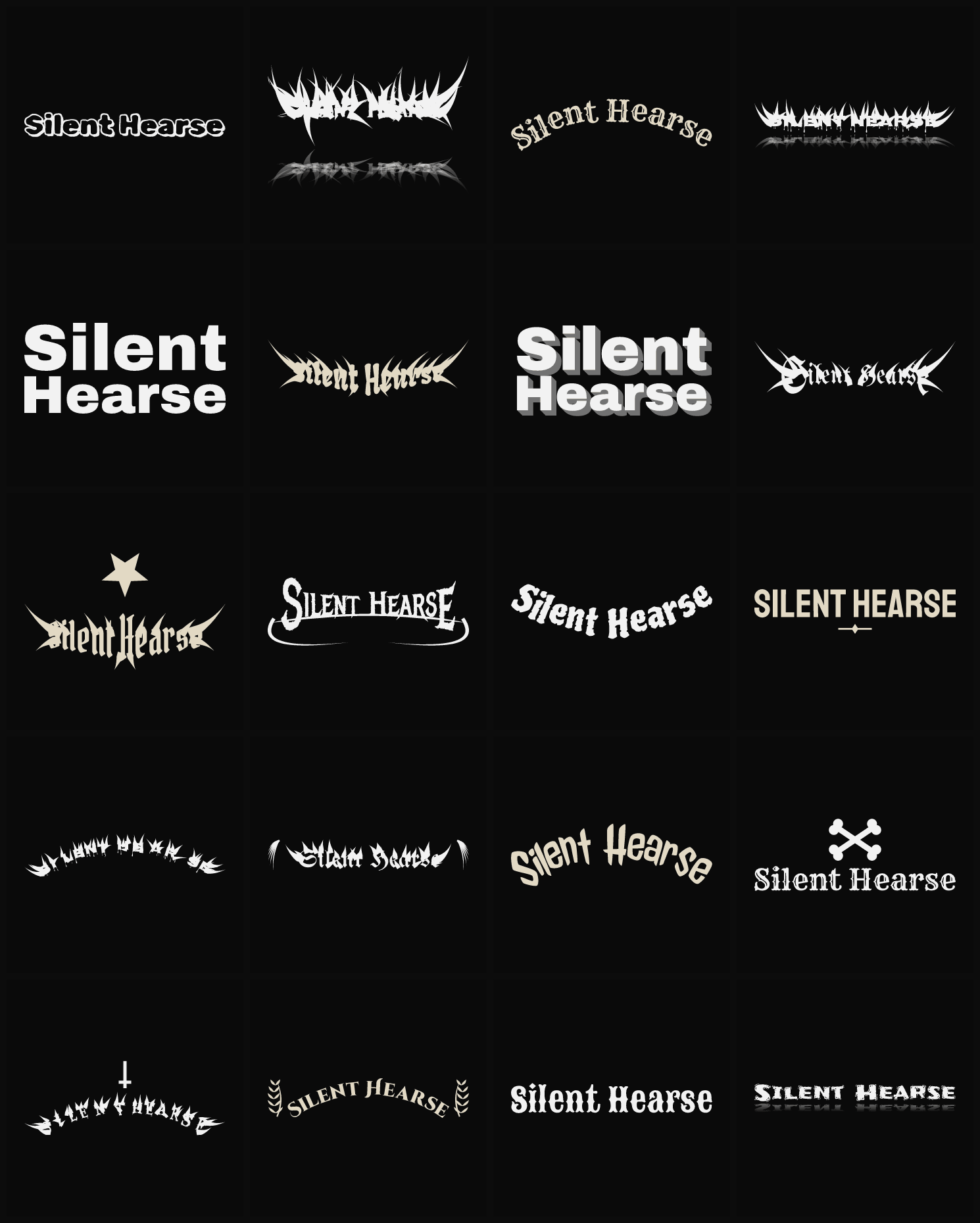Twenty Silent Hearse band logo ideas — different faces, treatments and spike settings