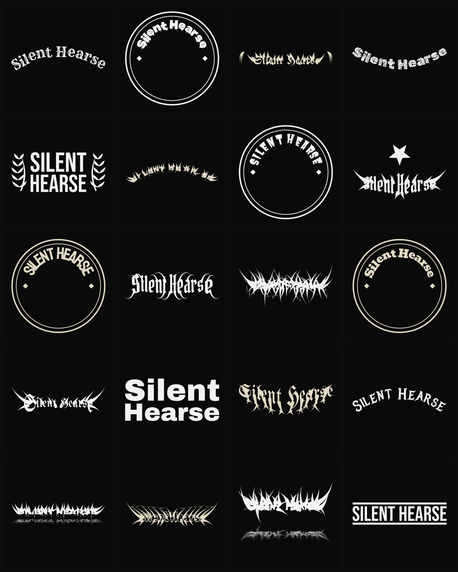 Twenty Silent Hearse band logo ideas — different faces, treatments and spike settings