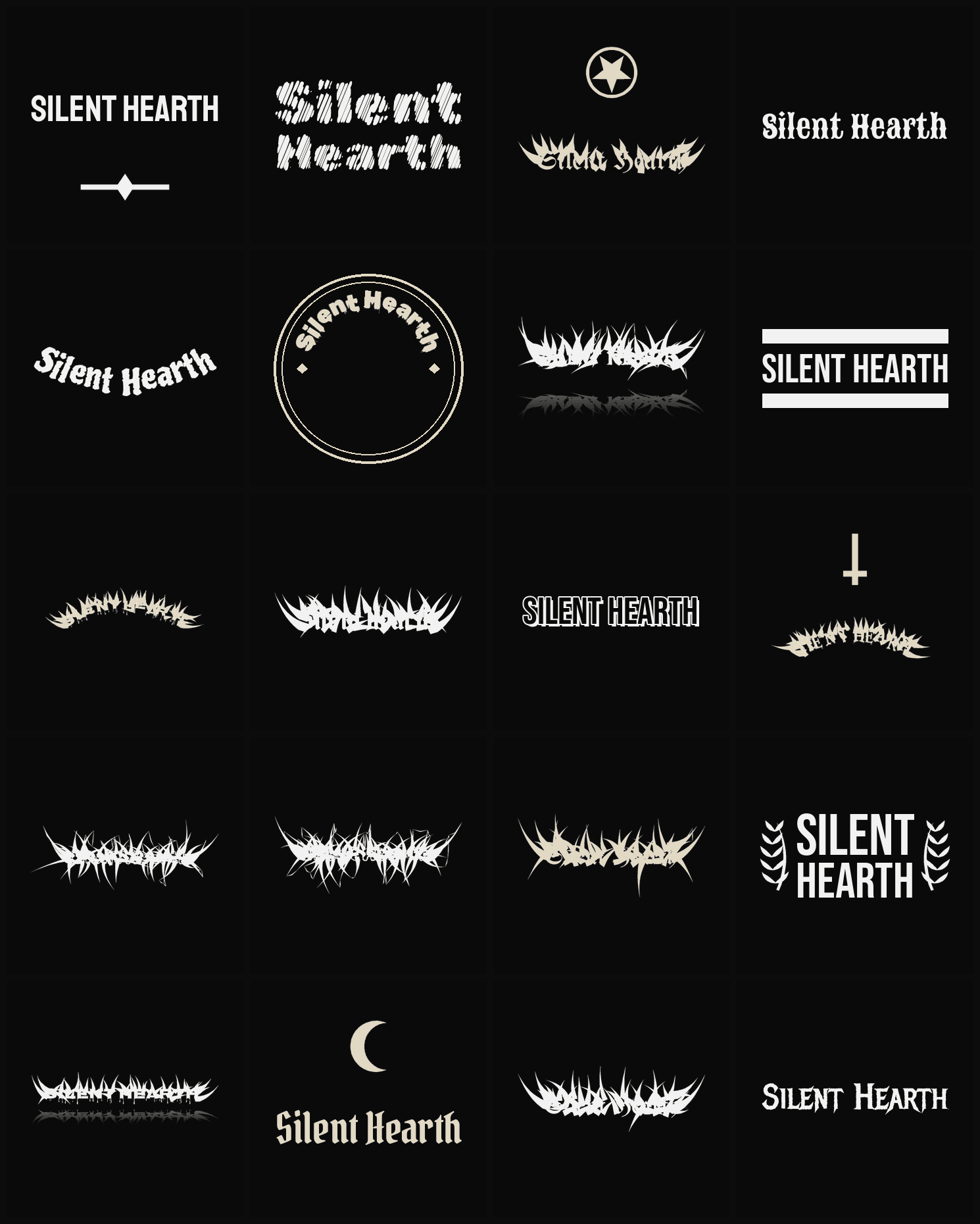 Twenty Silent Hearth band logo ideas — different faces, treatments and spike settings