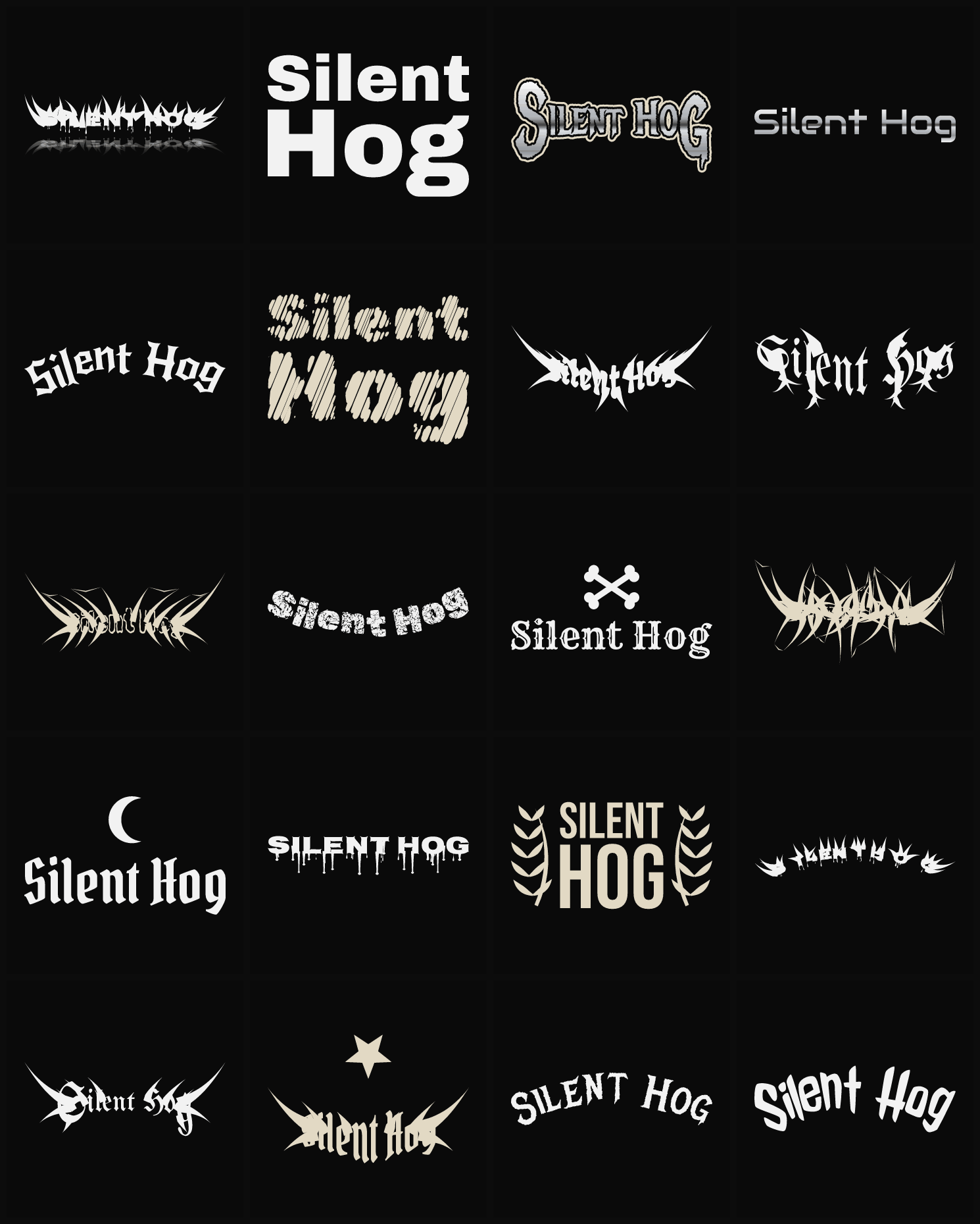 Twenty Silent Hog band logo ideas — different faces, treatments and spike settings