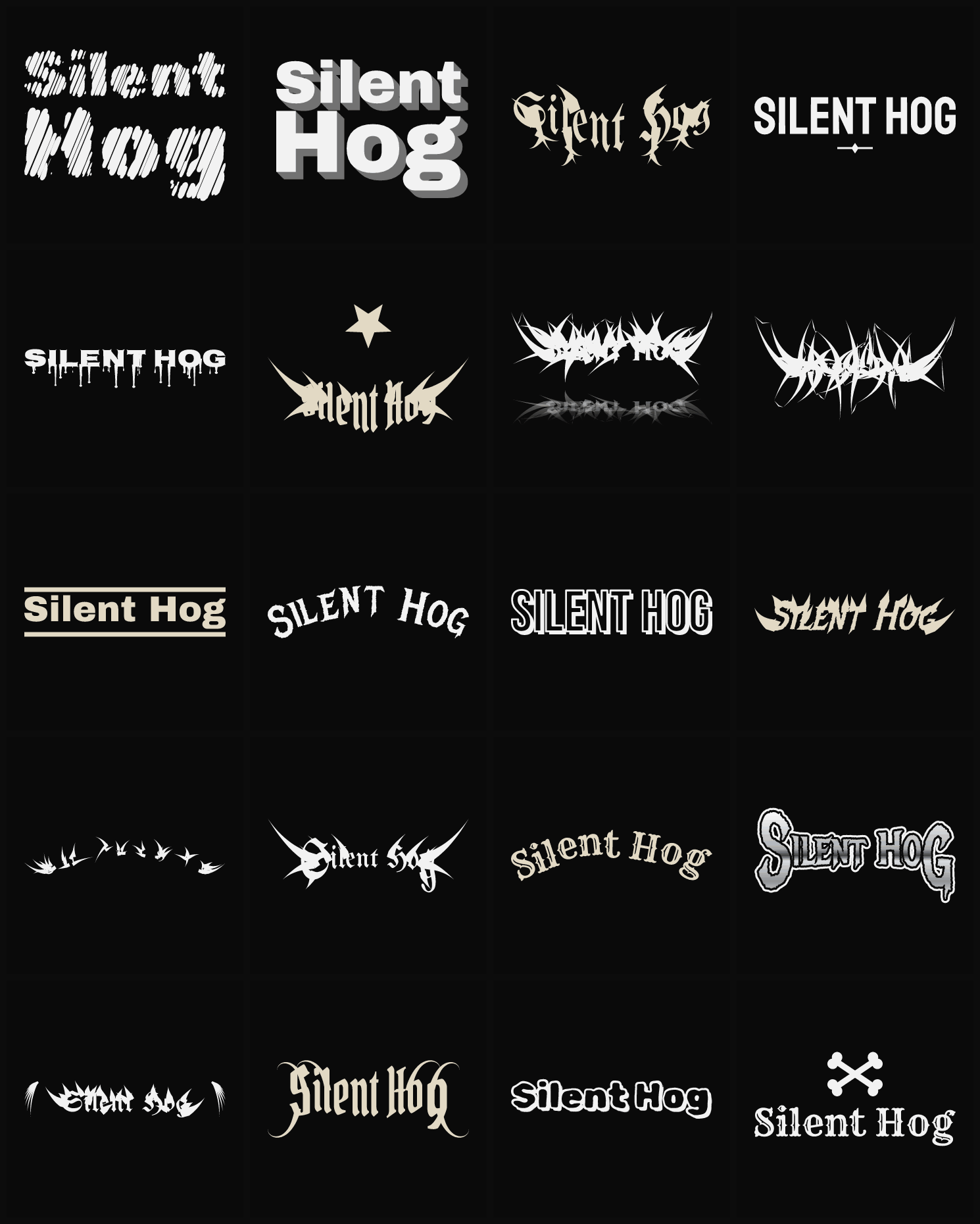 Twenty Silent Hog band logo ideas — different faces, treatments and spike settings