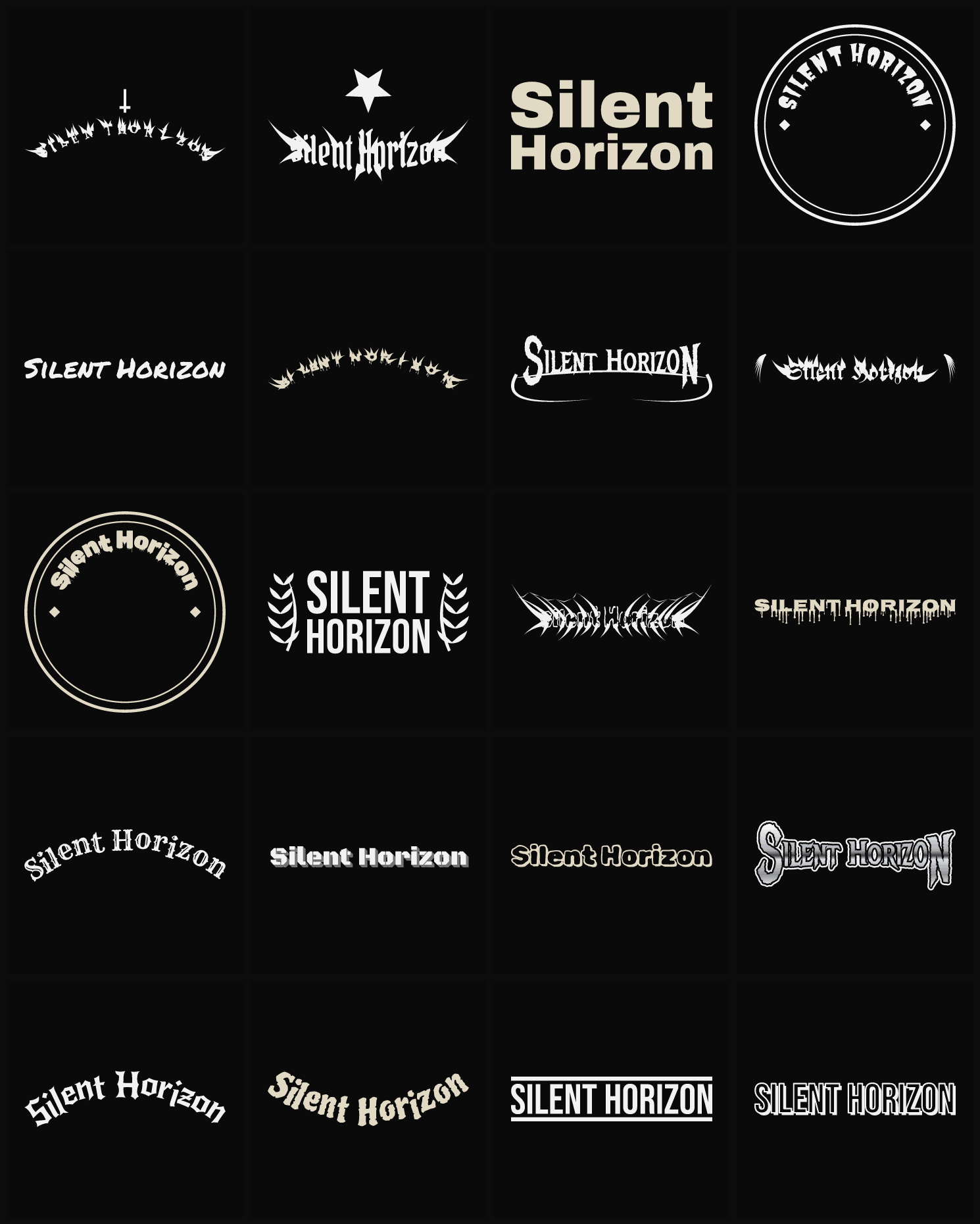 Twenty Silent Horizon band logo ideas — different faces, treatments and spike settings