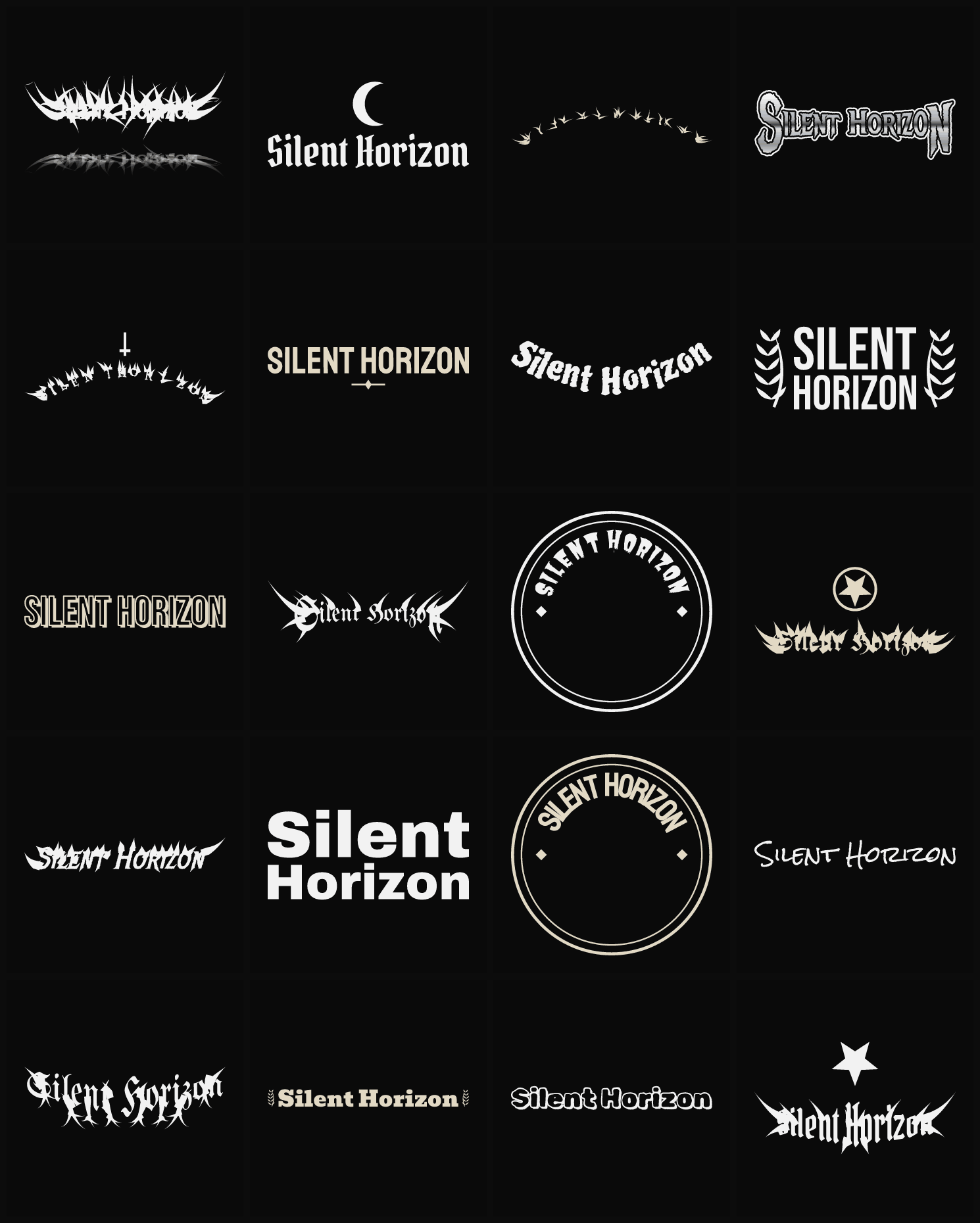 Twenty Silent Horizon band logo ideas — different faces, treatments and spike settings