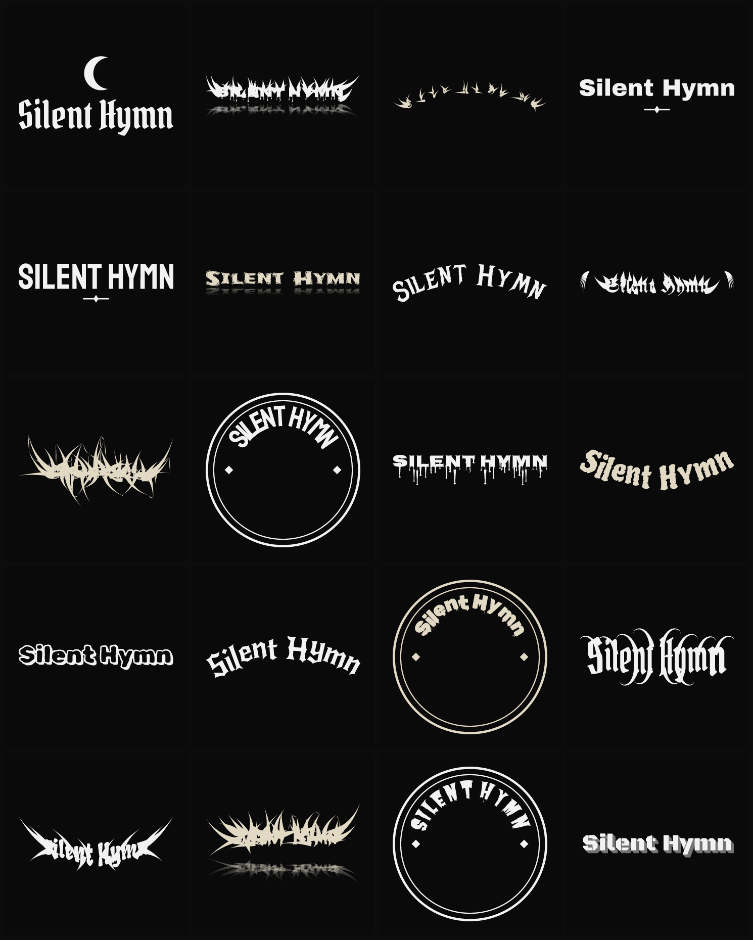 Twenty Silent Hymn band logo ideas — different faces, treatments and spike settings