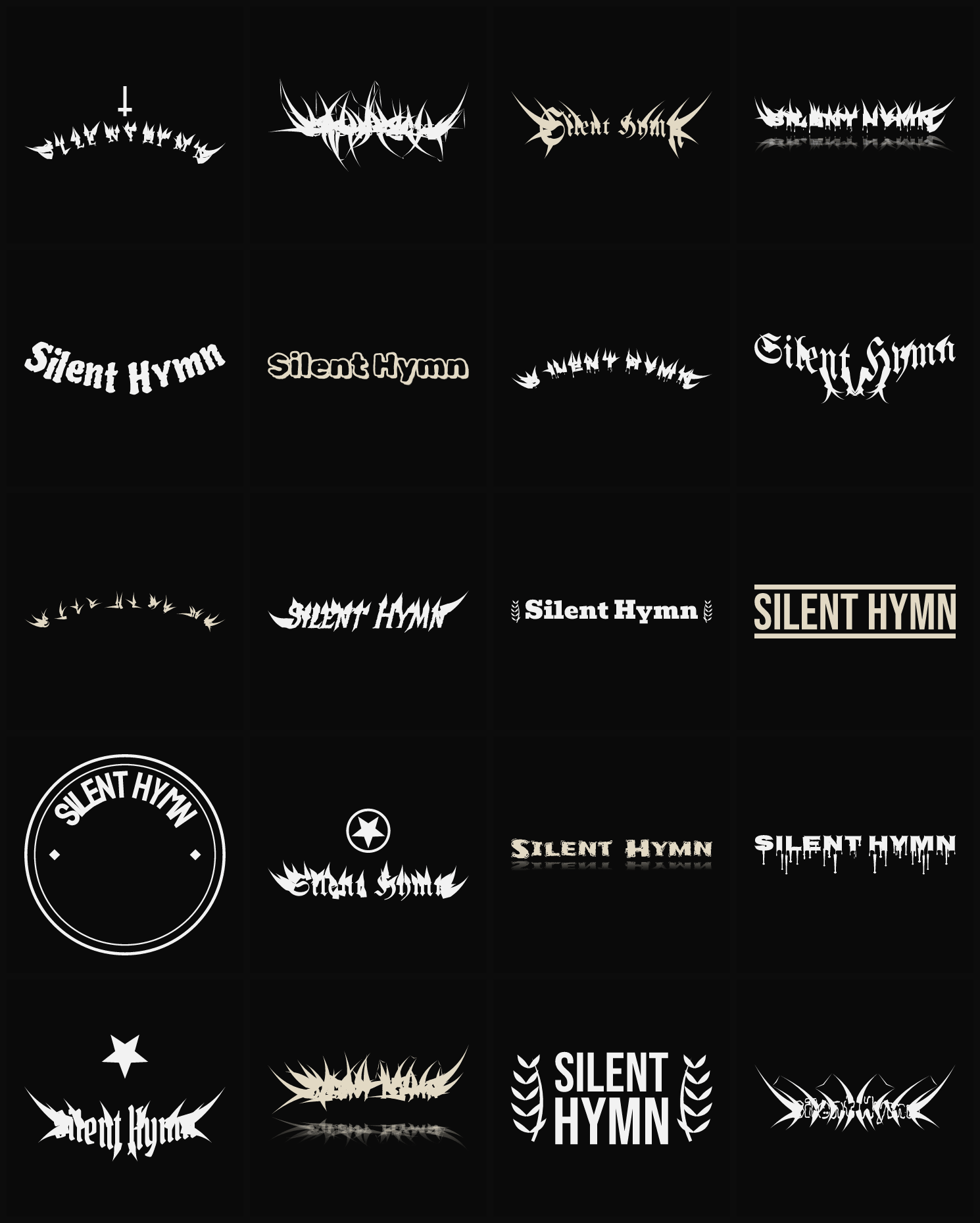 Twenty Silent Hymn band logo ideas — different faces, treatments and spike settings