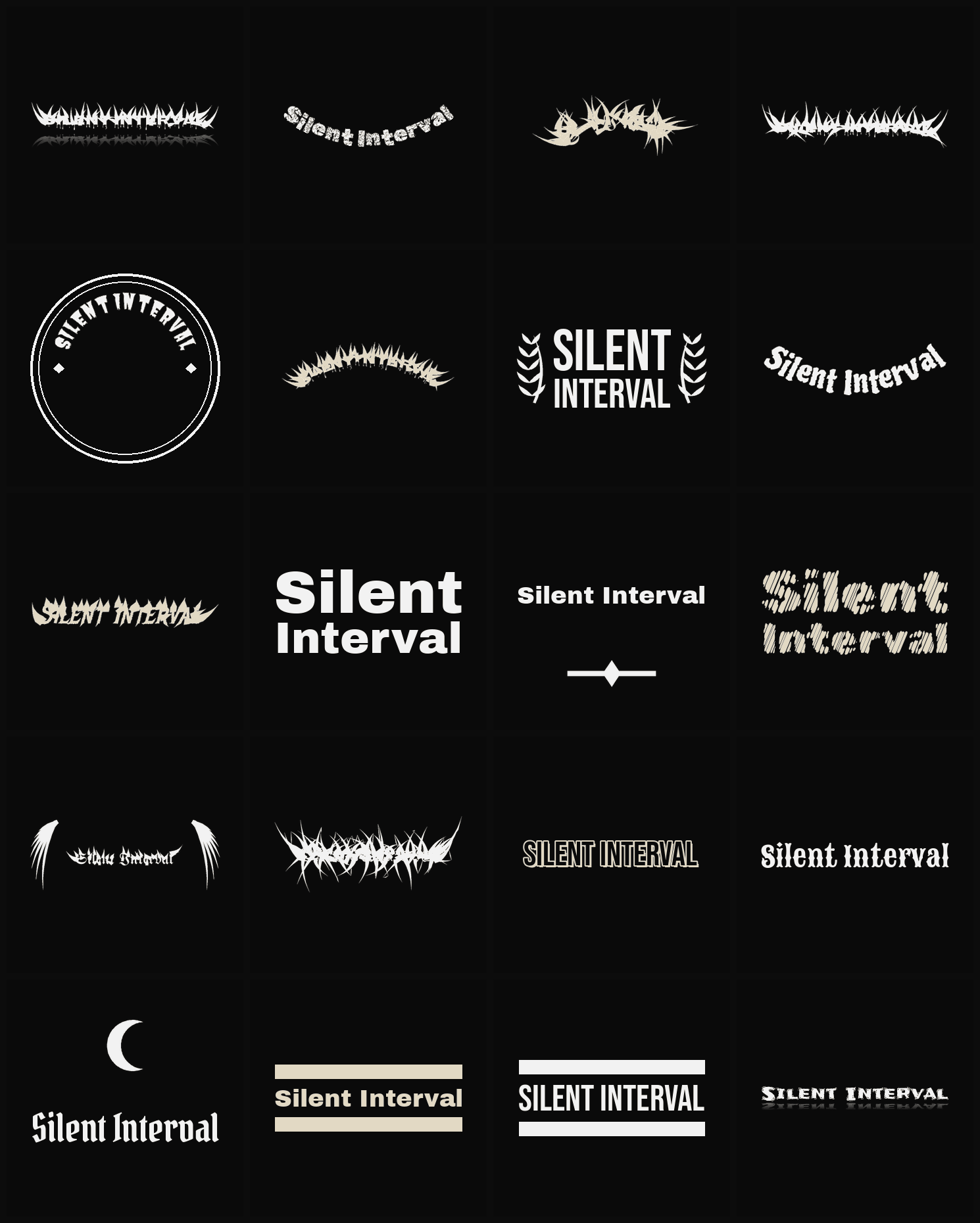 Twenty Silent Interval band logo ideas — different faces, treatments and spike settings