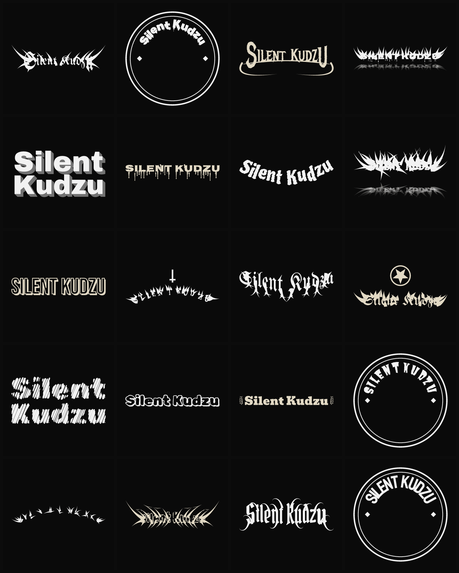 Twenty Silent Kudzu band logo ideas — different faces, treatments and spike settings