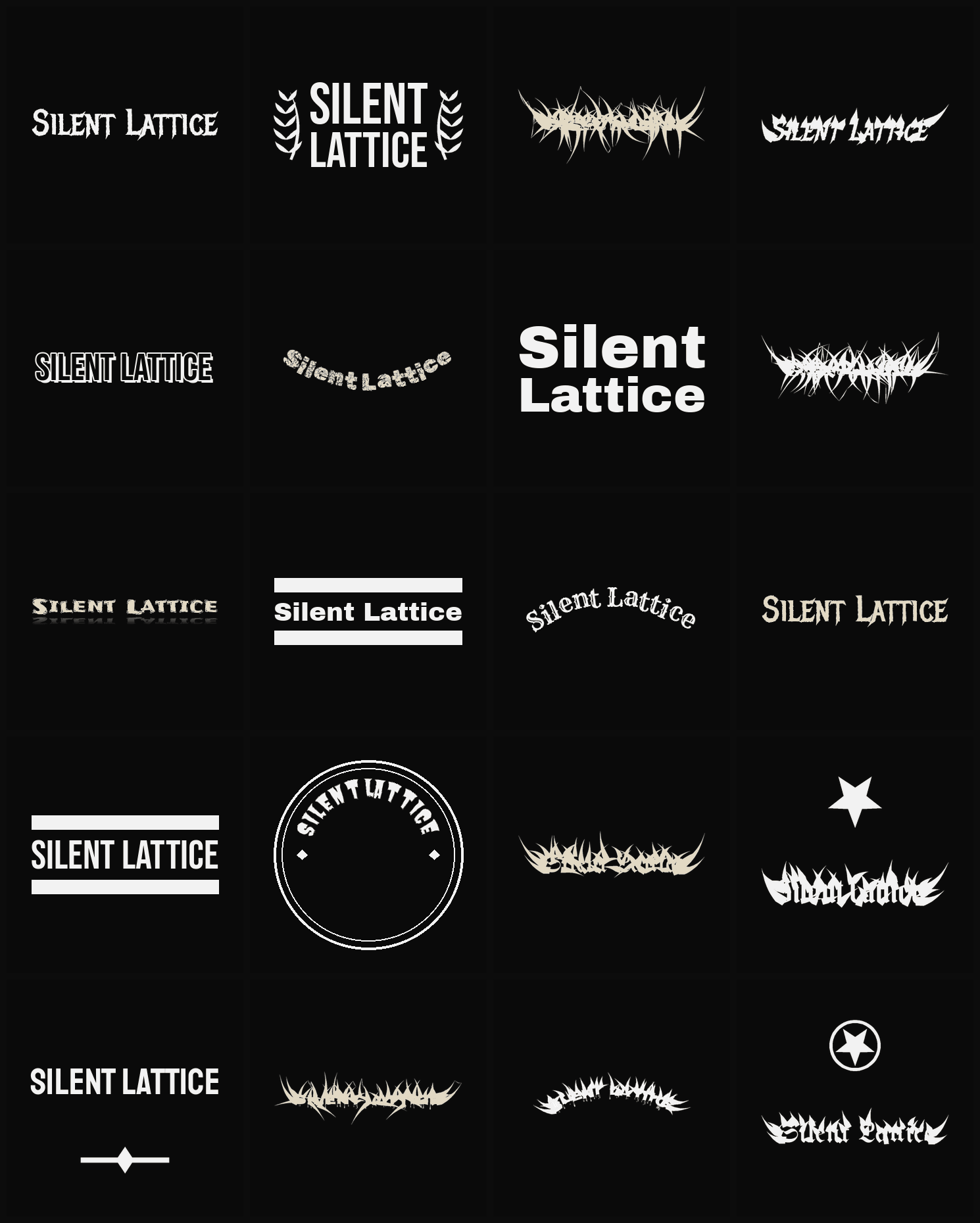 Twenty Silent Lattice band logo ideas — different faces, treatments and spike settings